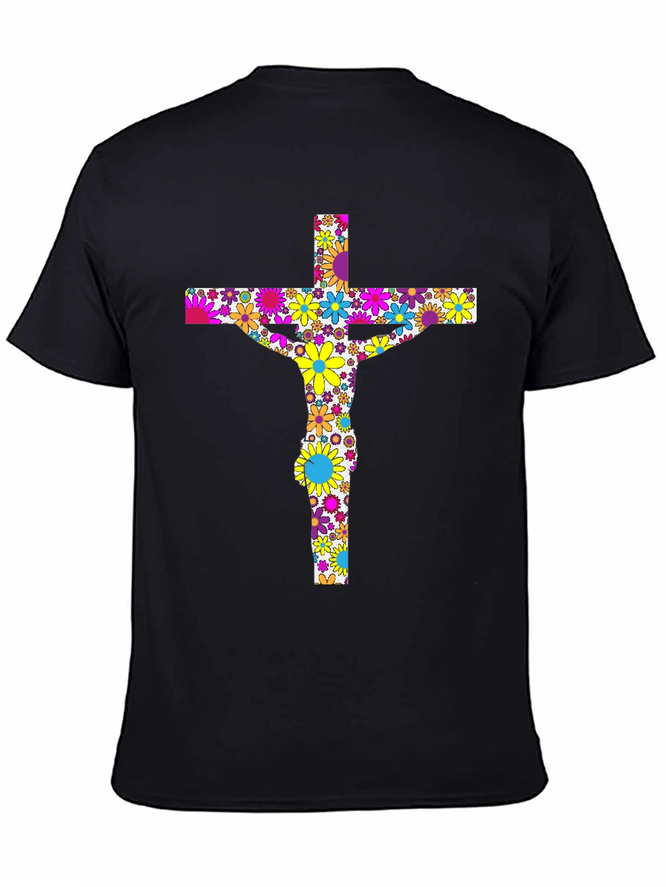 Floral Jesus on Cross Black T-Shirt