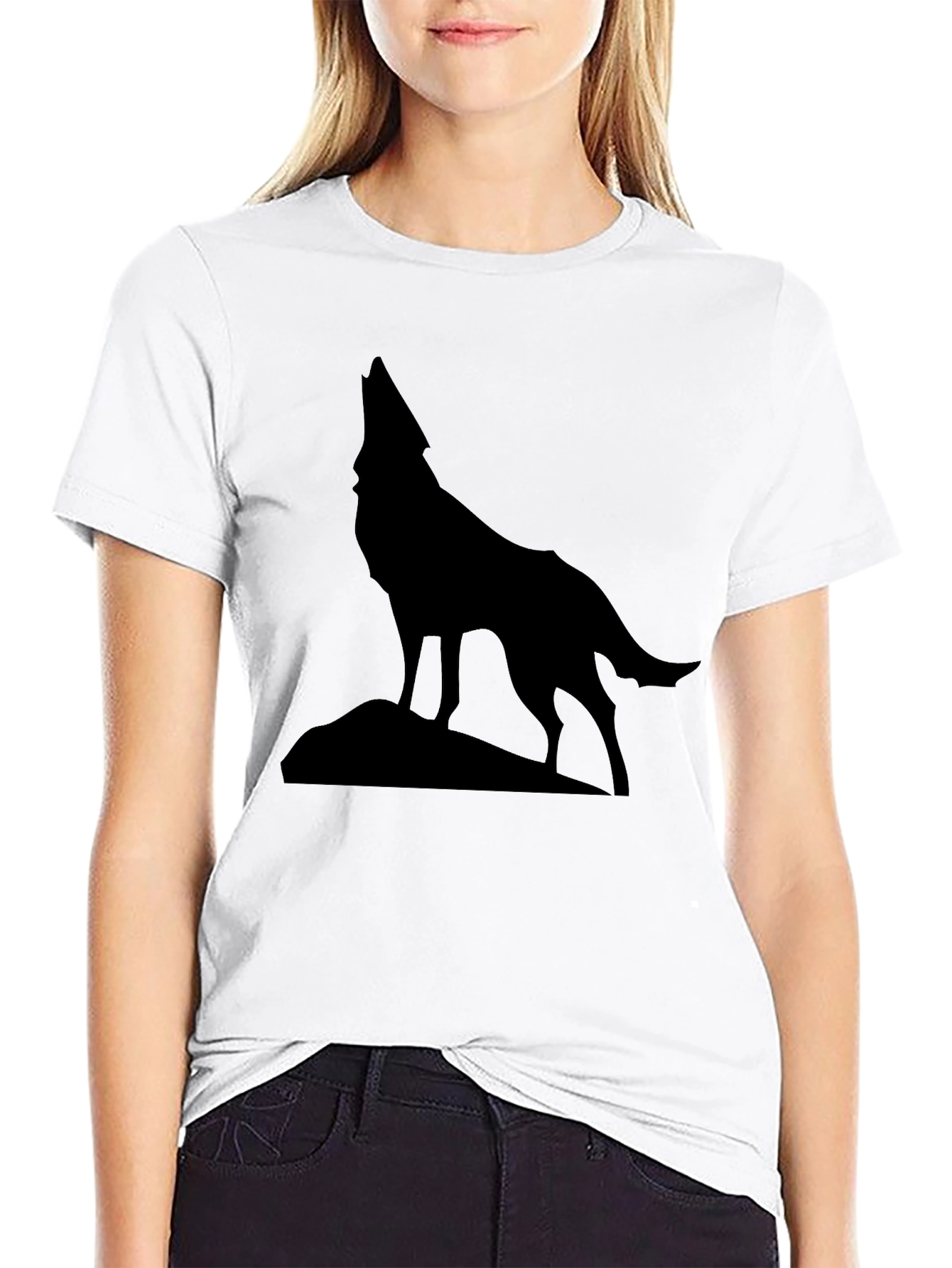 Wolf Howling Silhouette Graphic Tee - Black Cotton