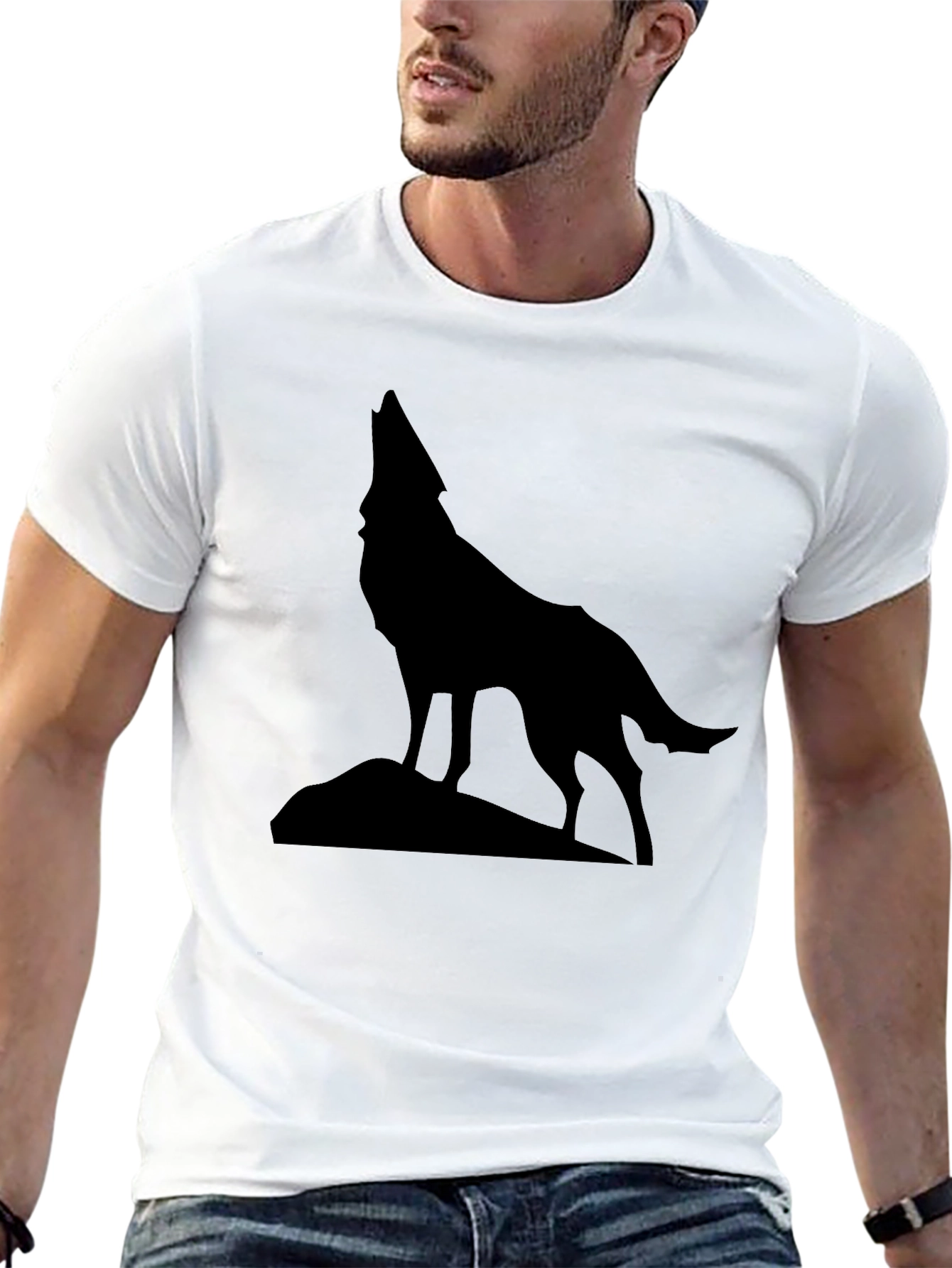 Wolf Howling Silhouette Graphic Tee - Black Cotton