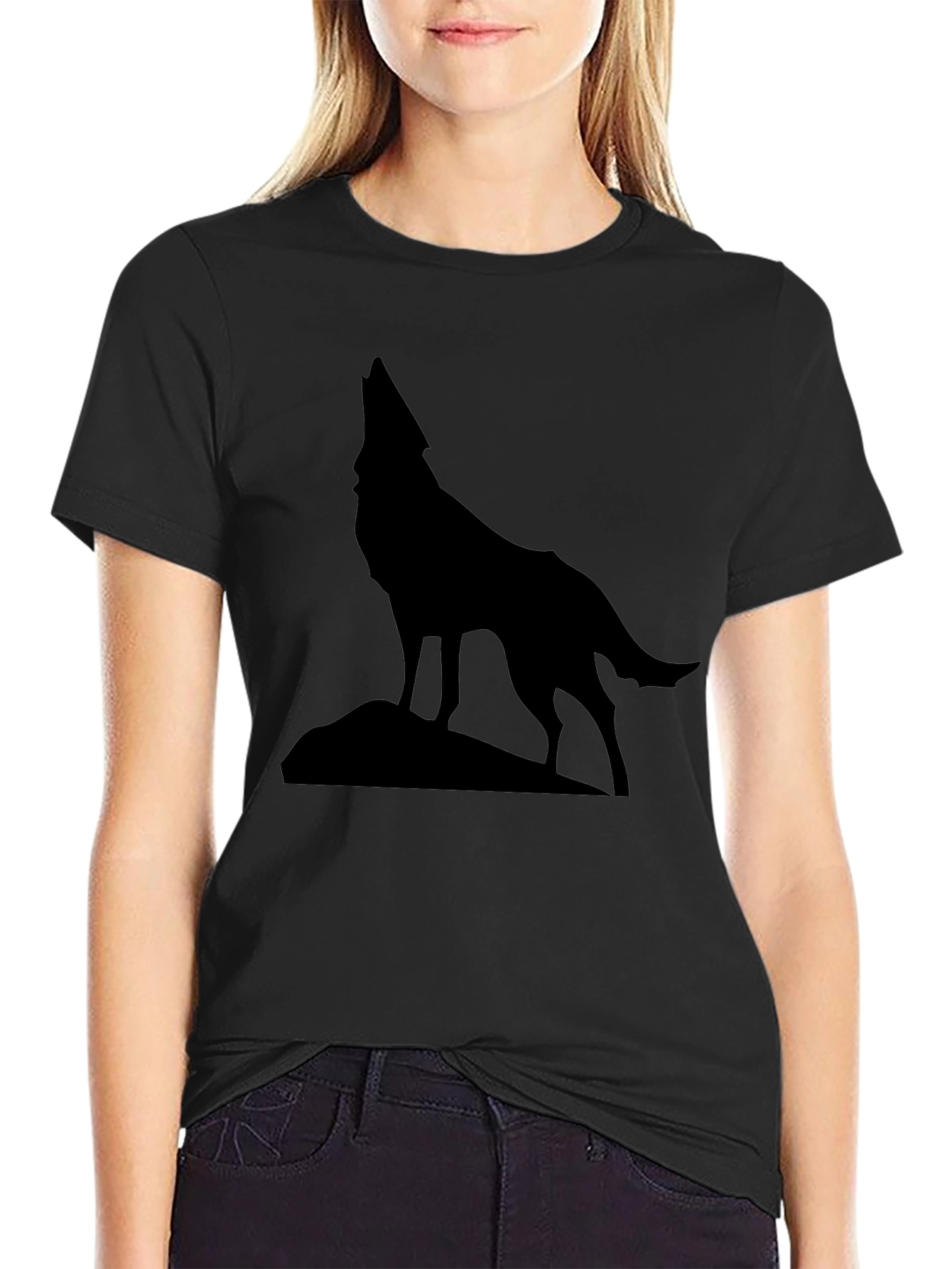 Wolf Howling Silhouette Graphic Tee - Black Cotton