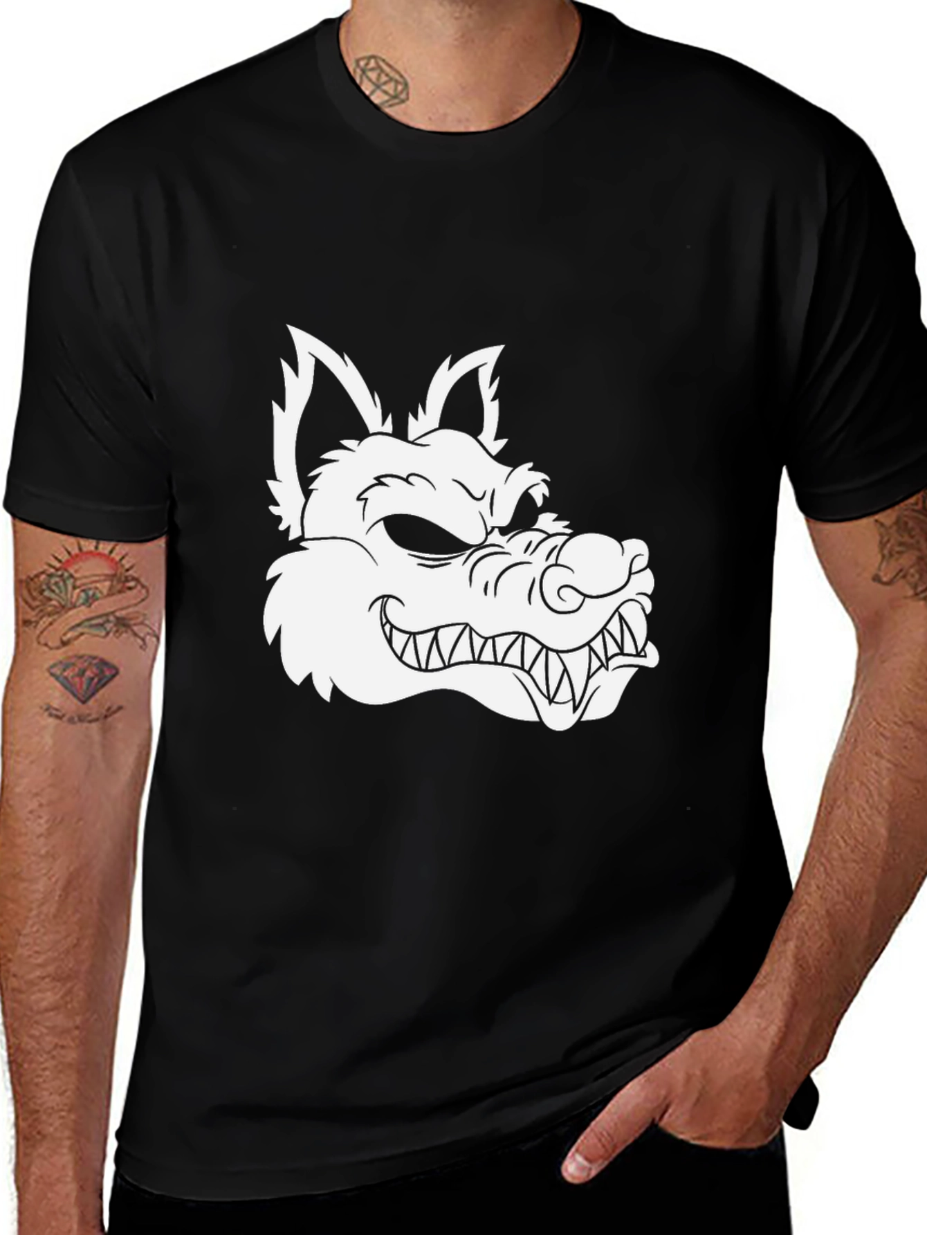 Mens Black T-Shirt with Wolf Graphic Print