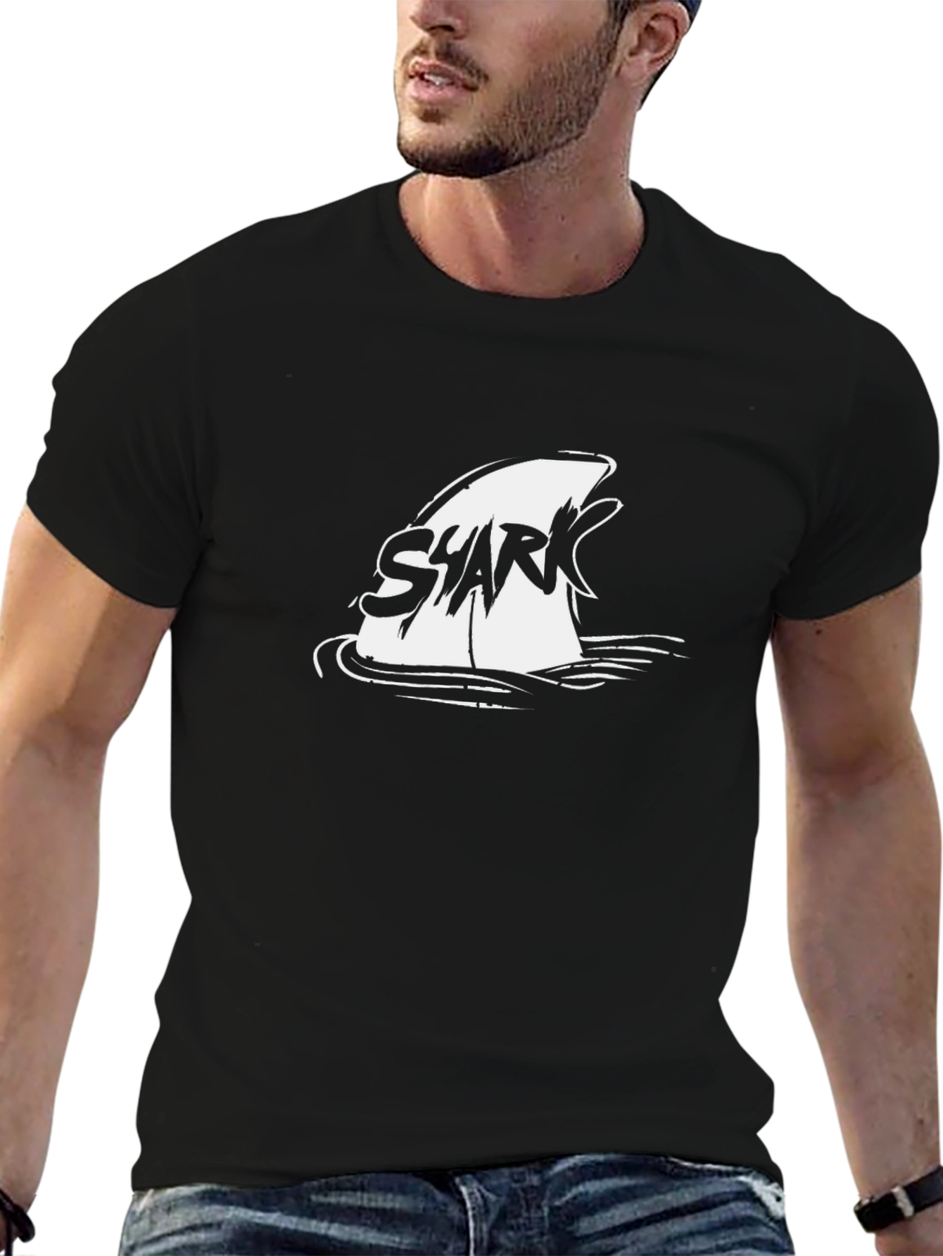Shark Fin Graphic Tee - Black Cotton T-Shirt