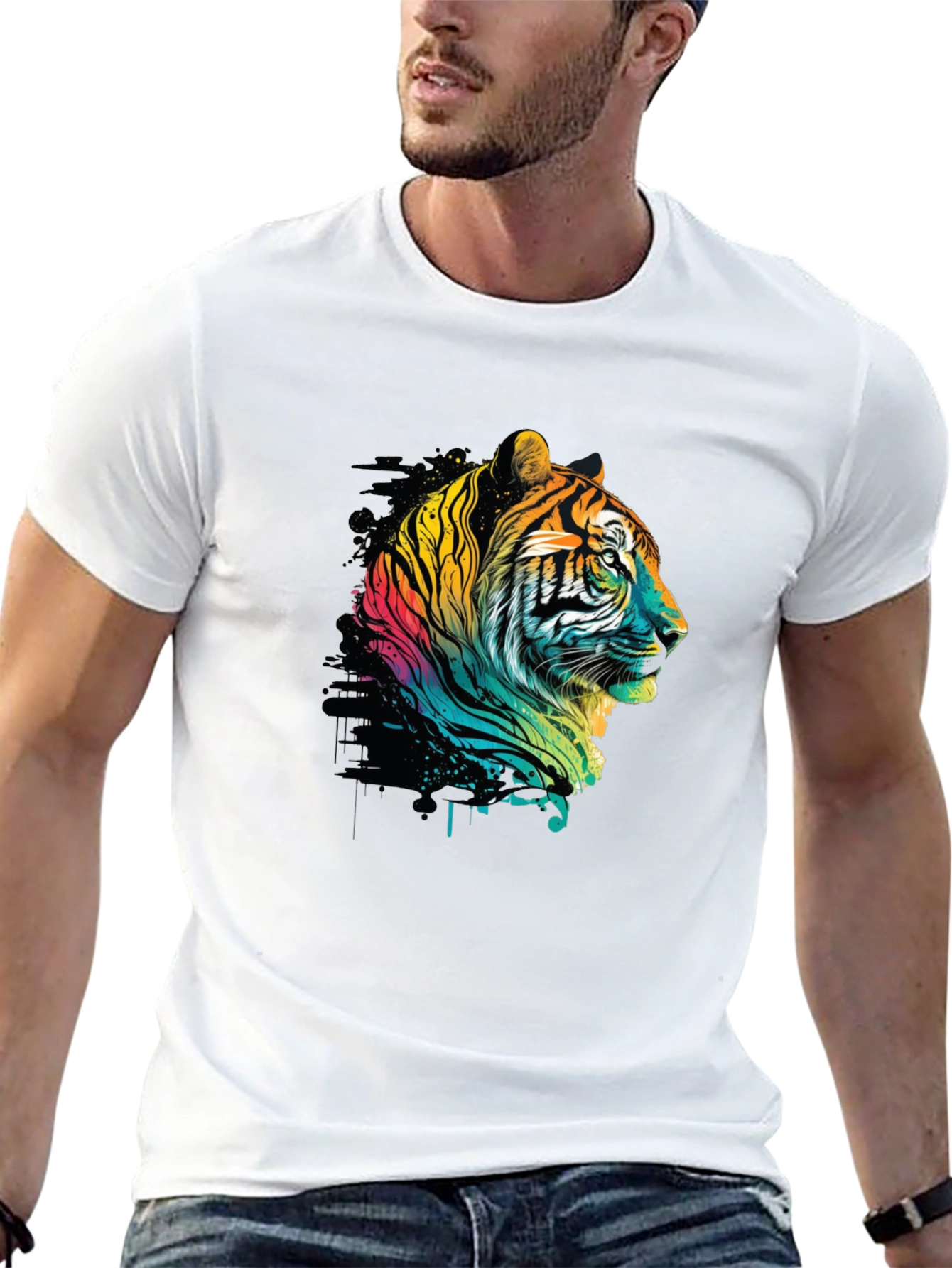 Vibrant Tiger Graphic Tee - Stylish Mens Black T-Shirt