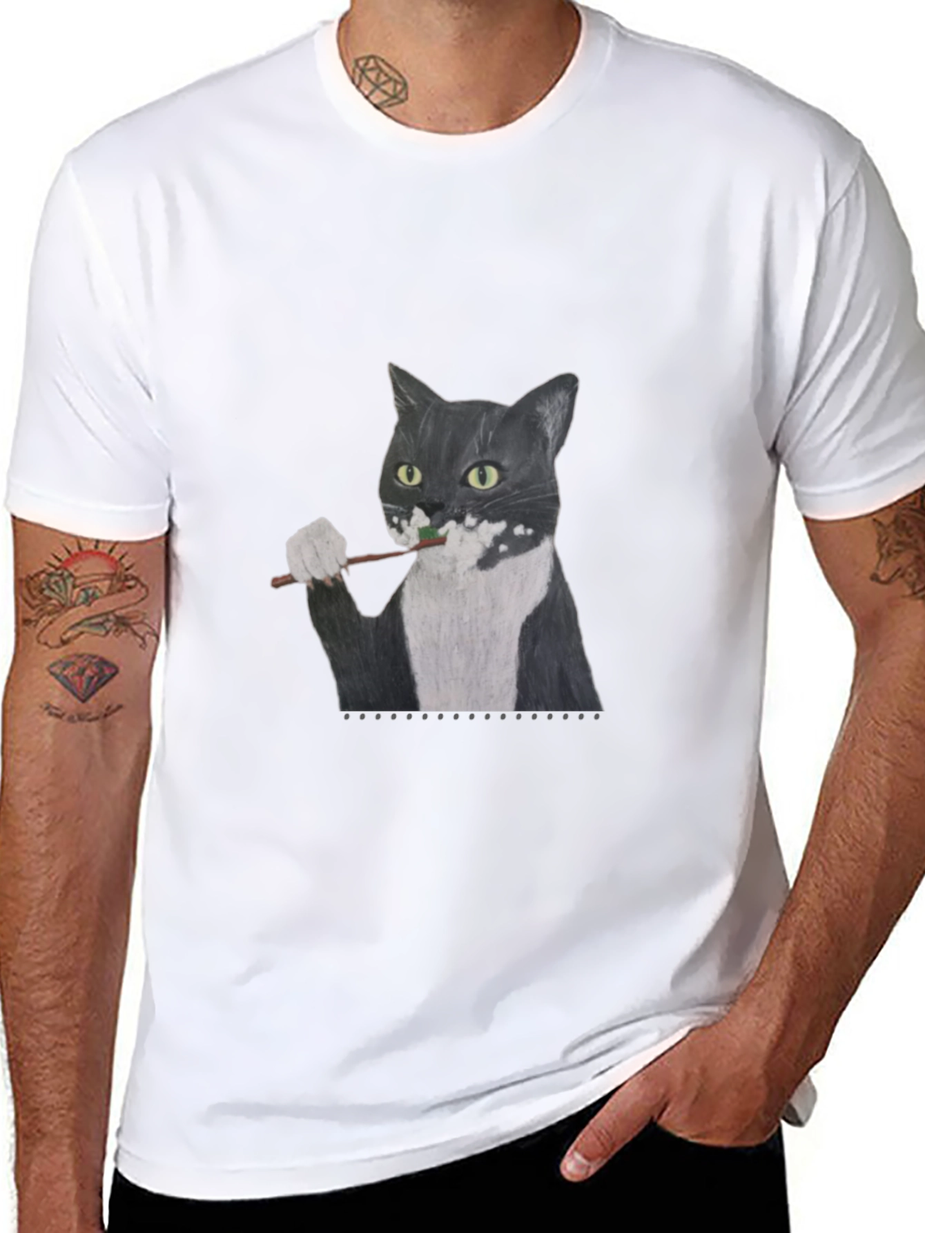Cat Brushing Teeth Graphic Tee - Black