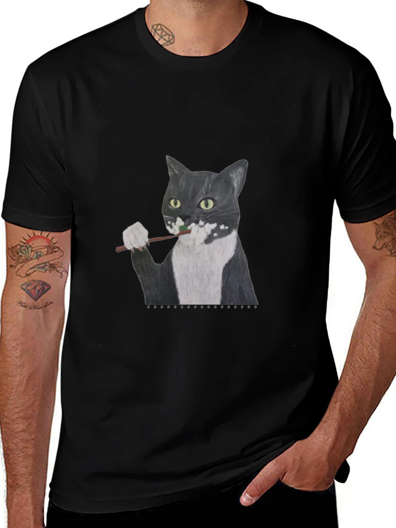 Cat Brushing Teeth Graphic Tee - Black