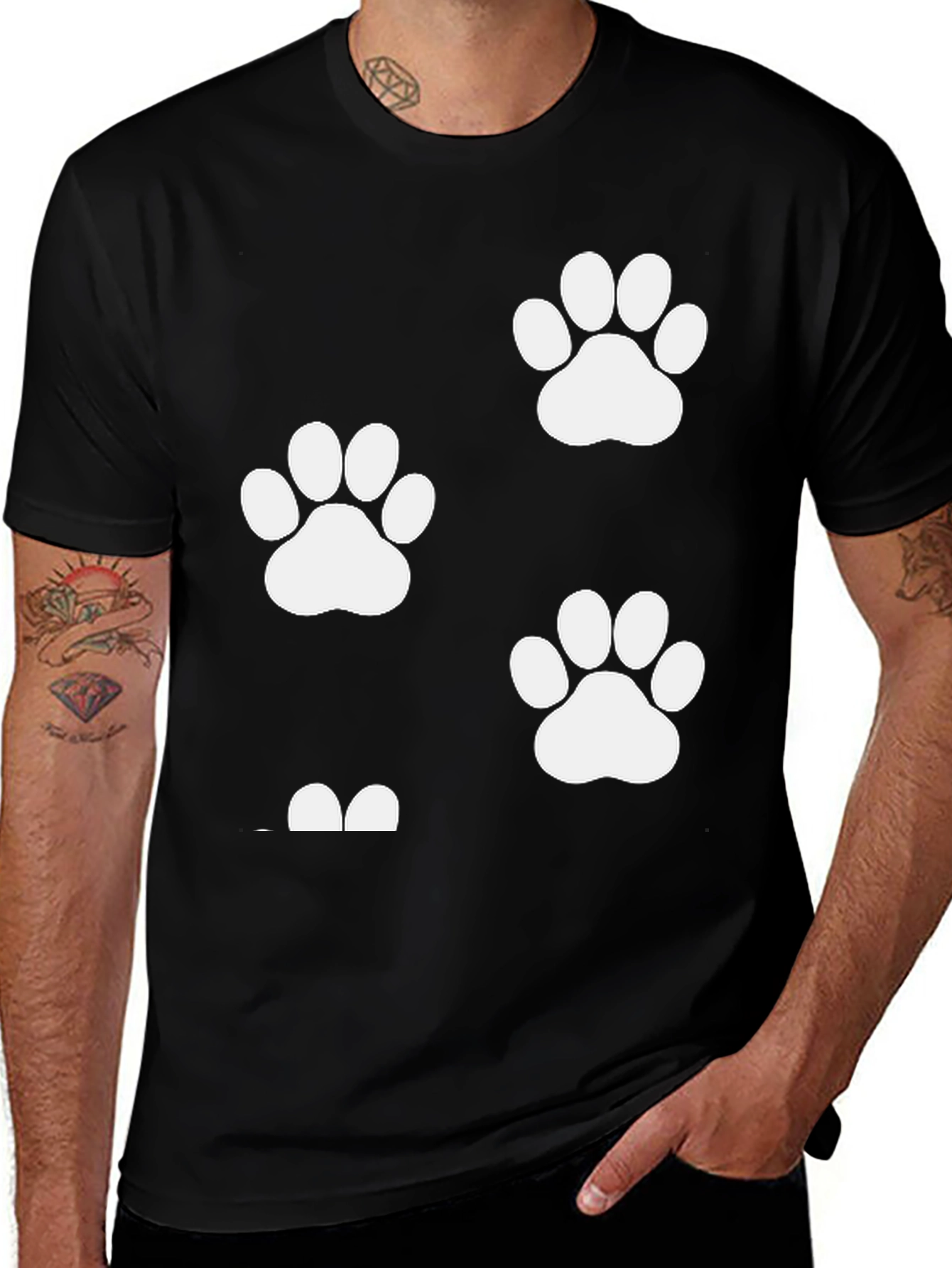 Paw Print Graphic T-Shirt - Black Crew Neck