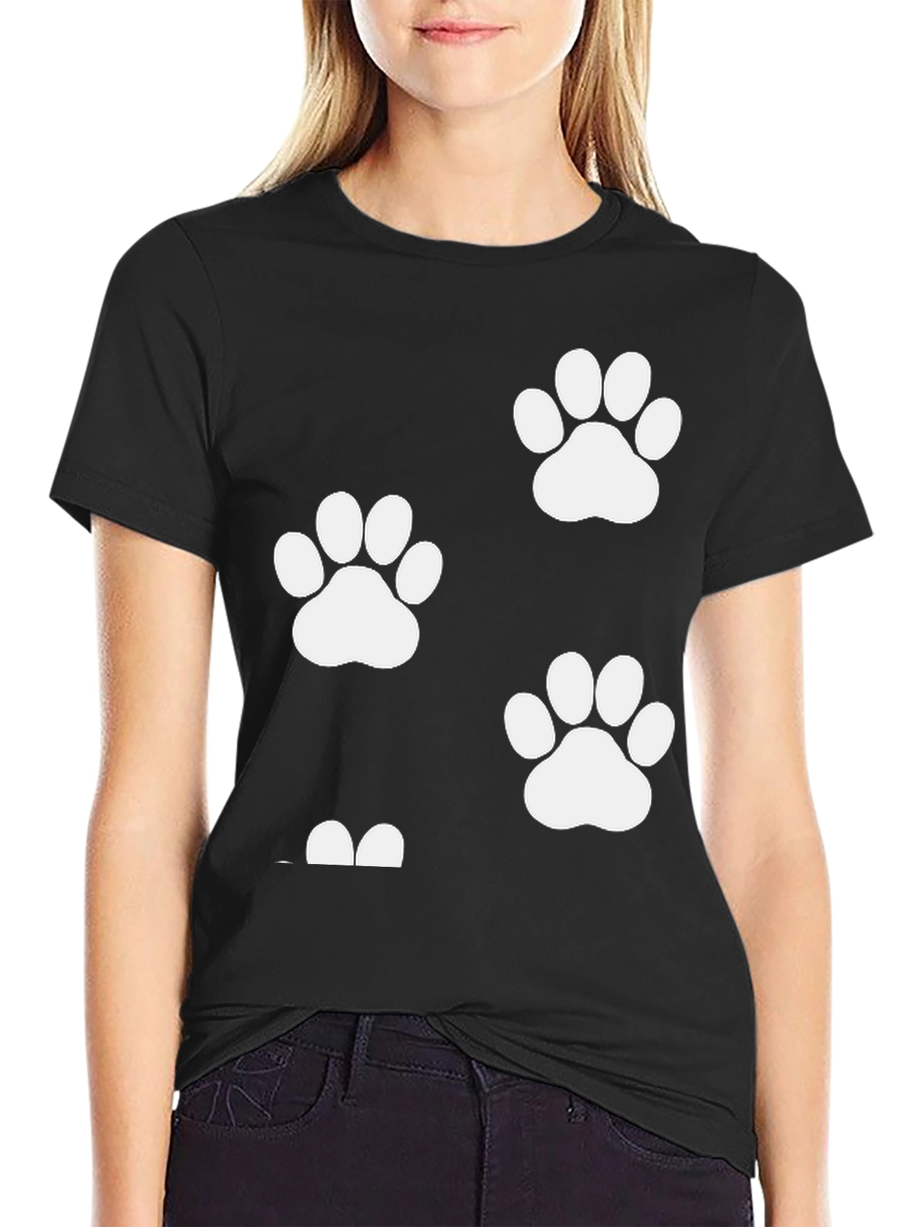 Paw Print Graphic T-Shirt - Black Crew Neck