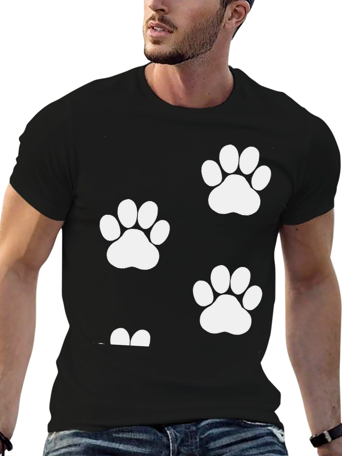 Paw Print Graphic T-Shirt - Black Crew Neck