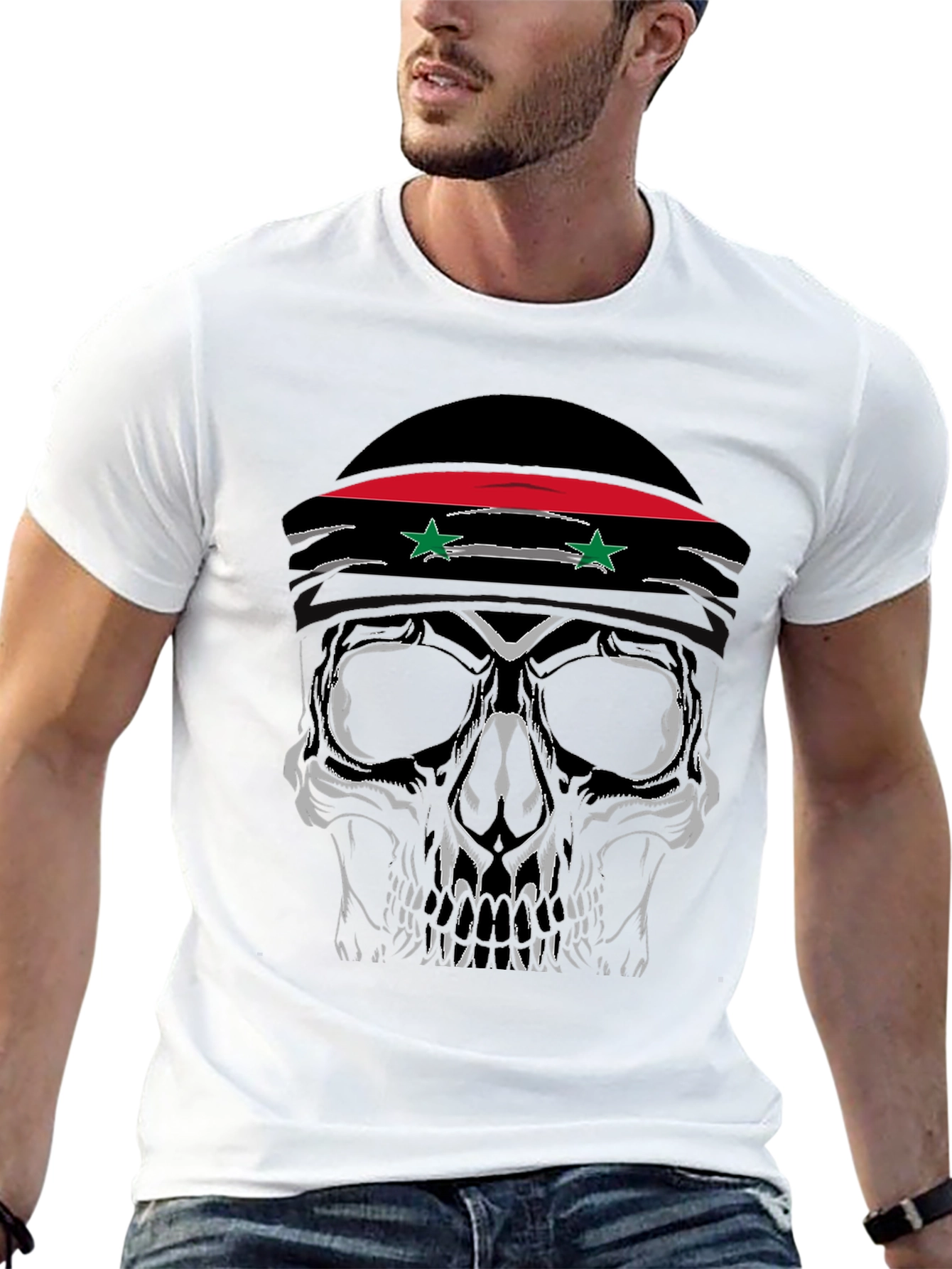Skull T-Shirt with Syrian Flag Headband - Mens