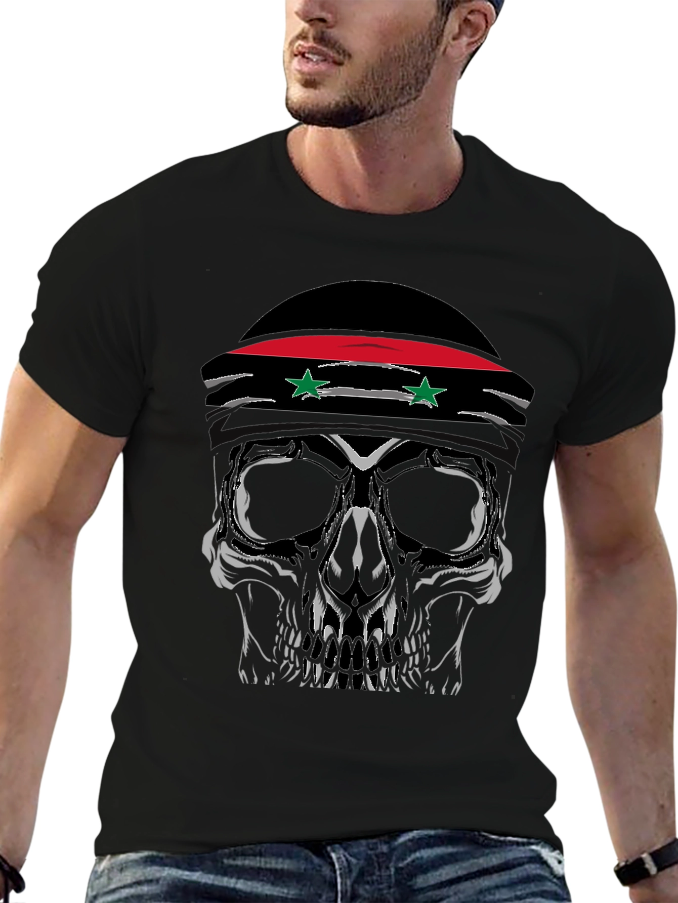 Skull T-Shirt with Syrian Flag Headband - Mens