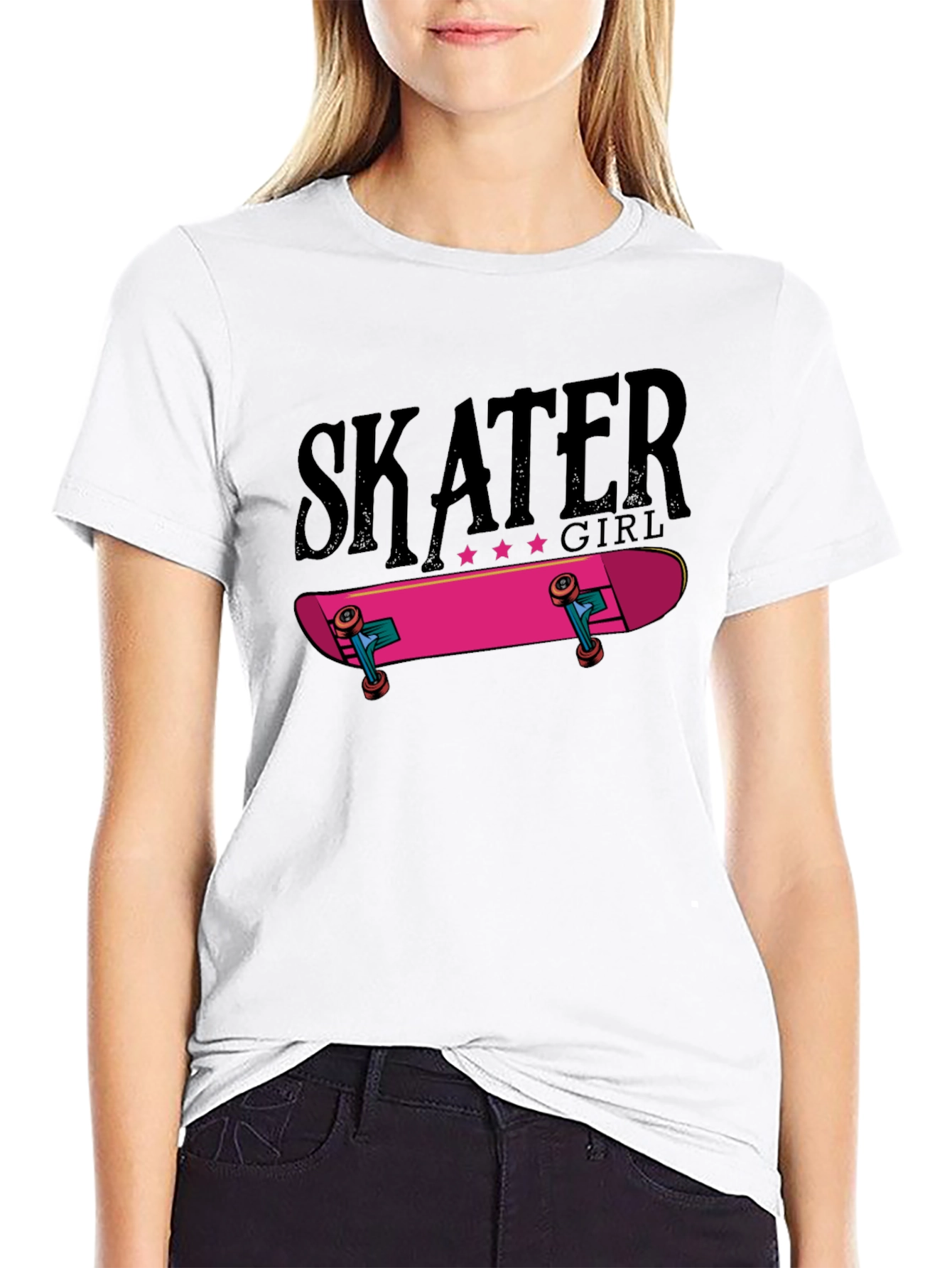 Skater Girl Graphic Tee - Black Cotton T-Shirt