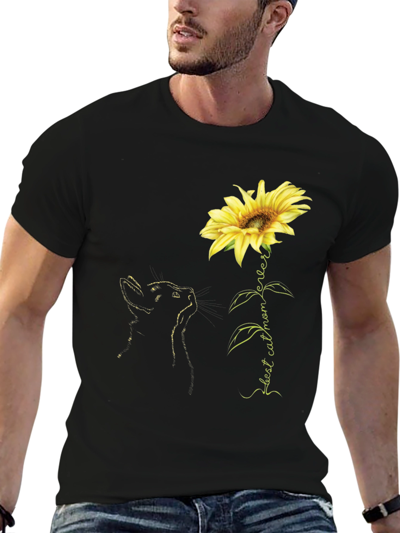 Best Cat Mom Ever Sunflower Black T-Shirt