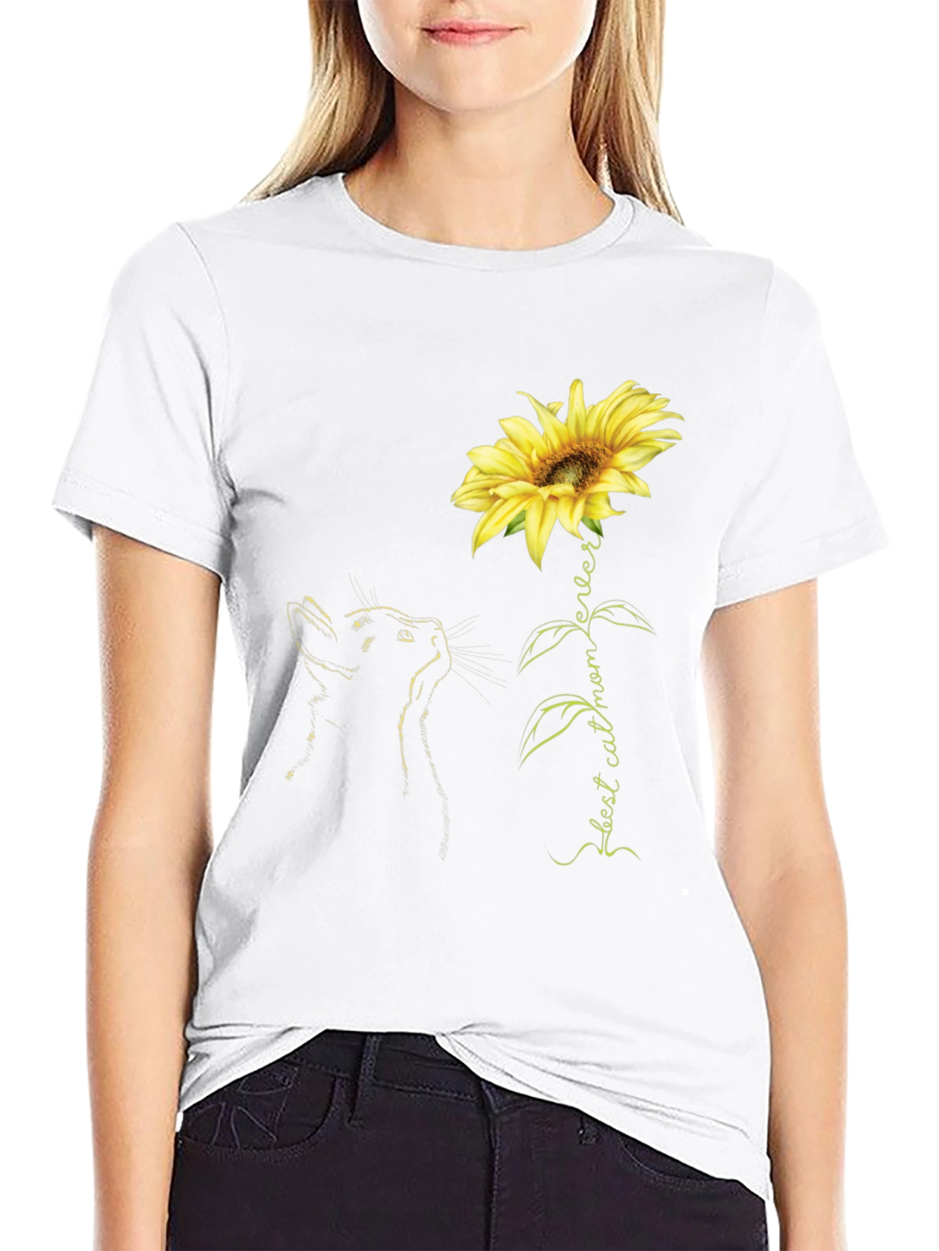 Best Cat Mom Ever Sunflower Black T-Shirt