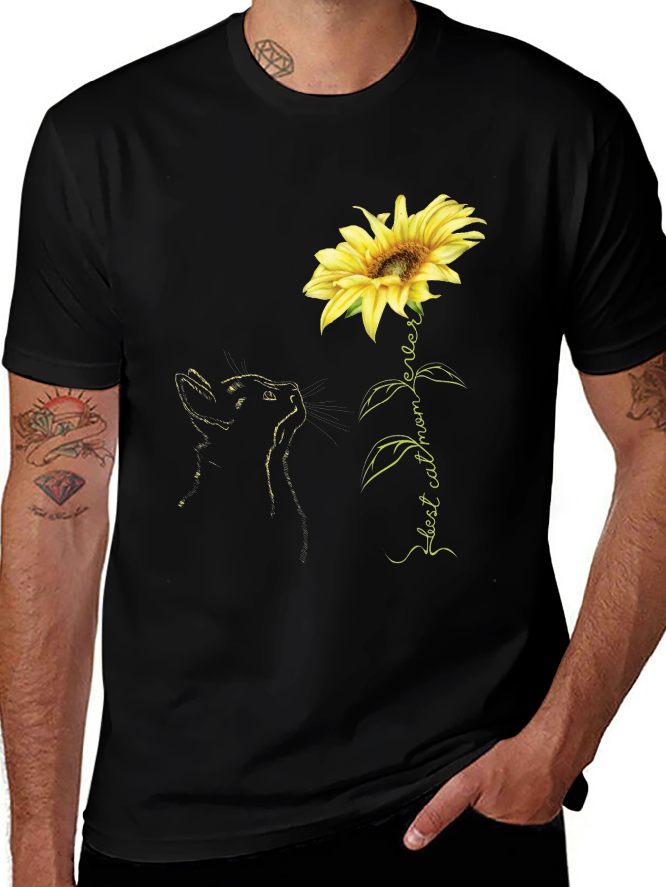 Best Cat Mom Ever Sunflower Black T-Shirt