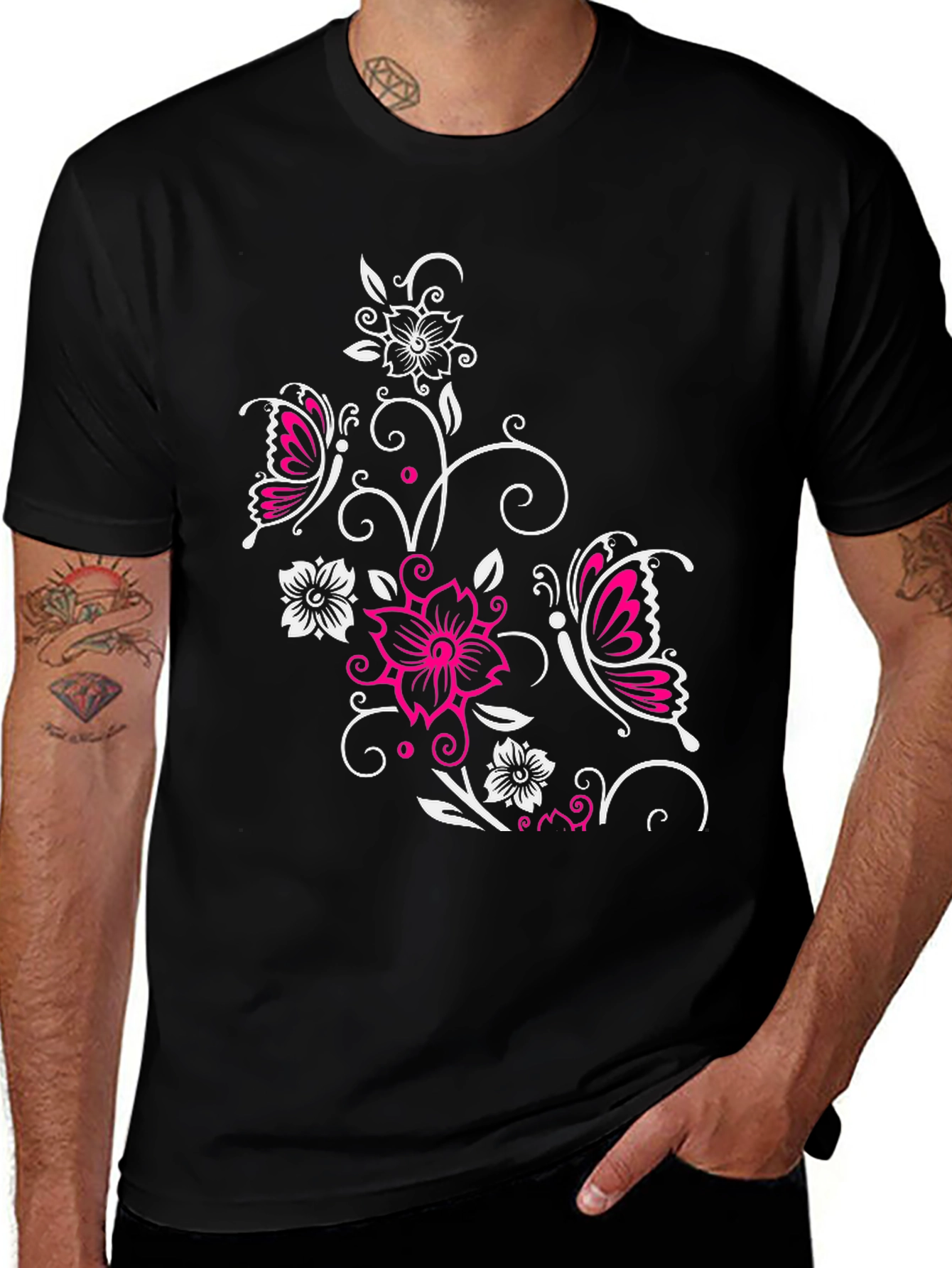 Floral Butterfly Graphic Black T-Shirt