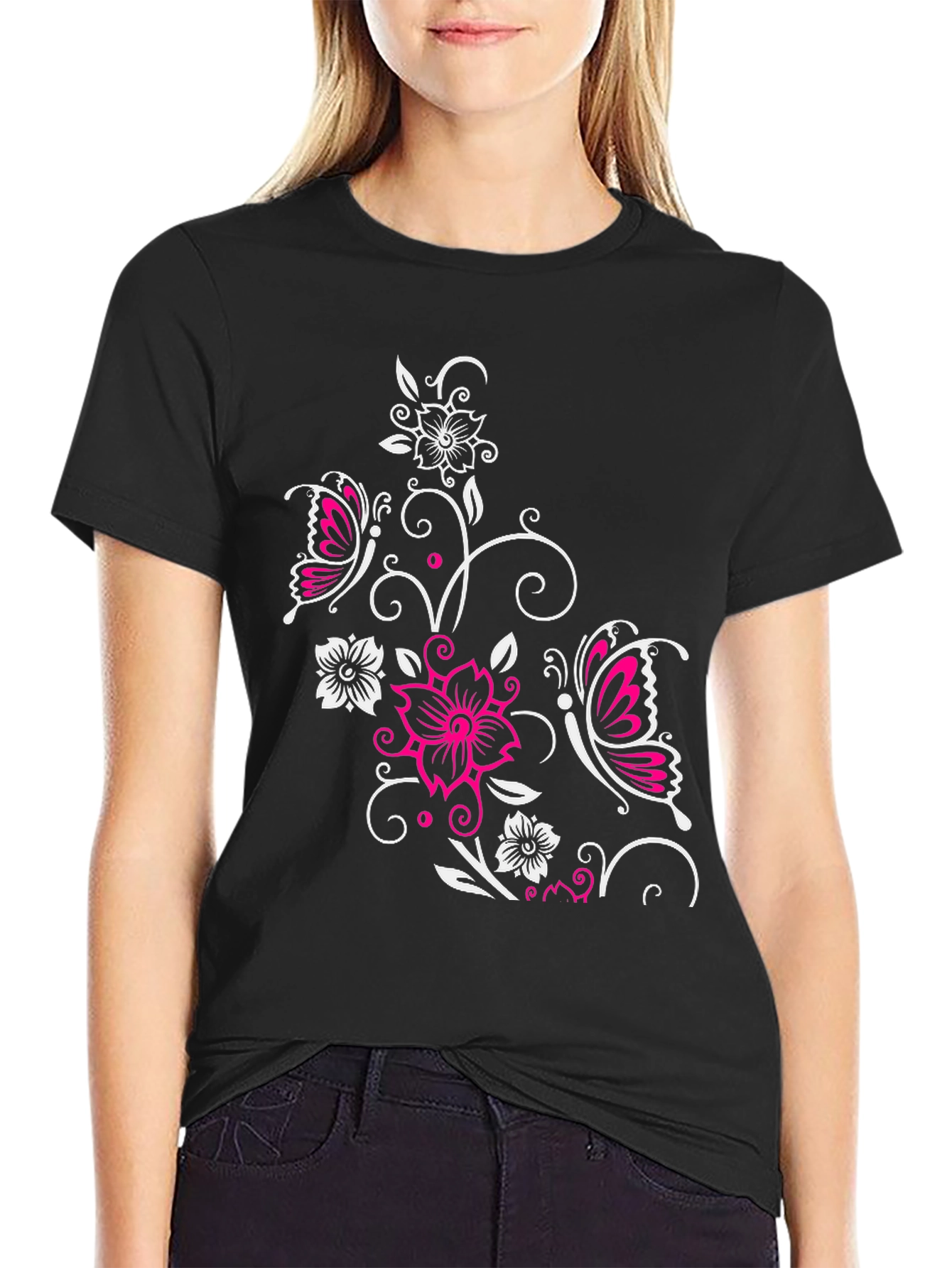 Floral Butterfly Graphic Black T-Shirt