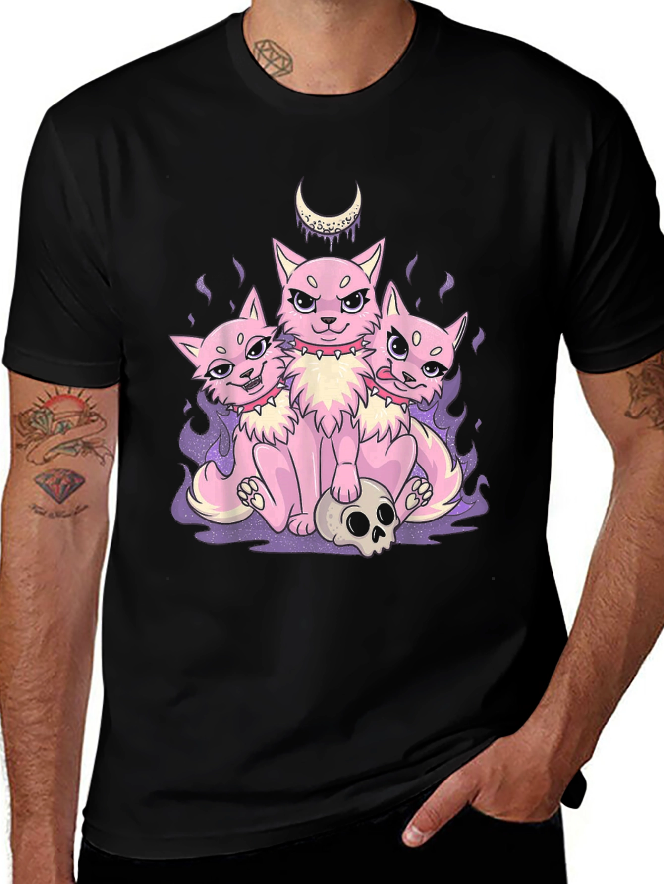 Three-Headed Cat Skull Graphic T-Shirt