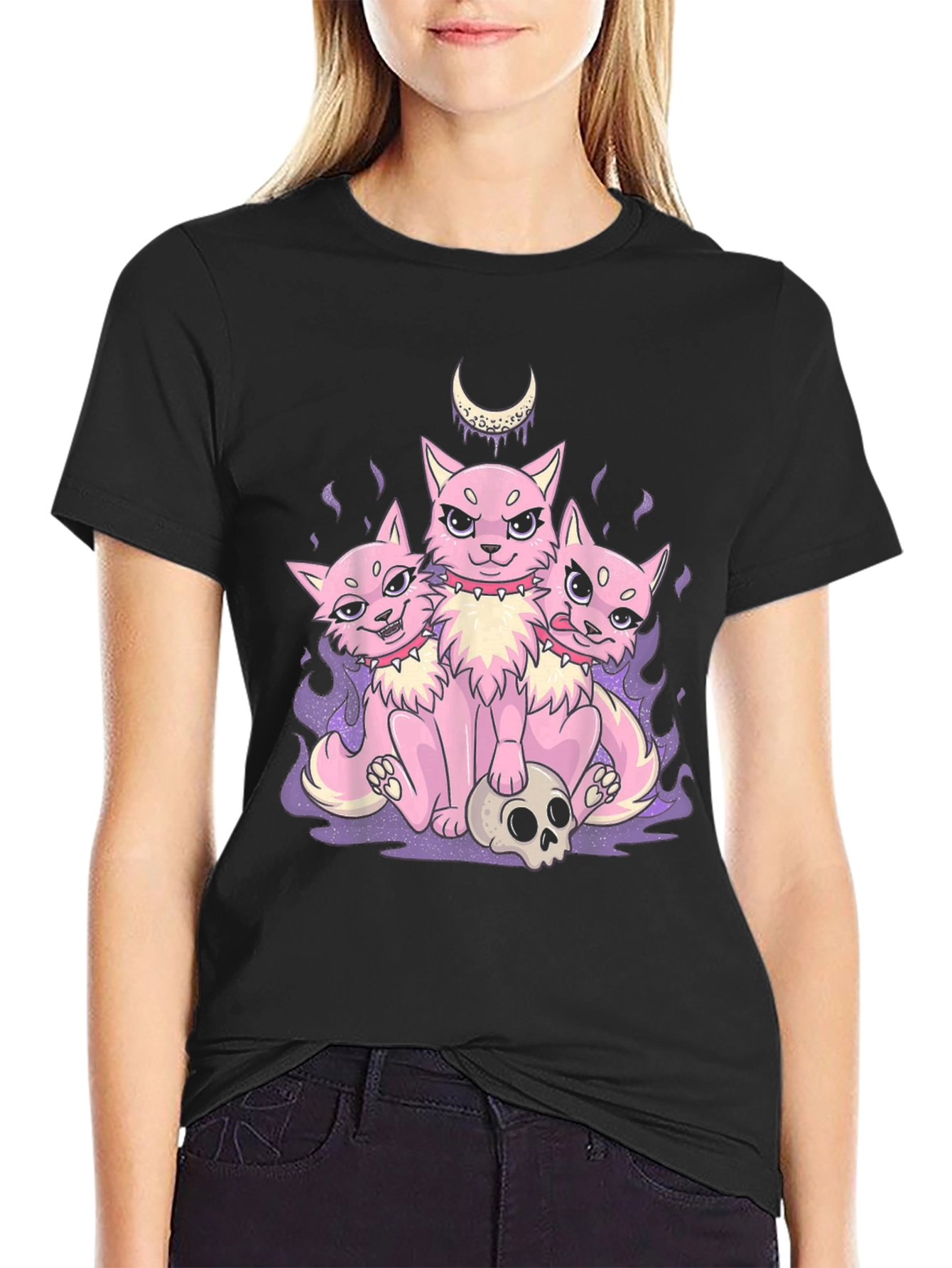 Three-Headed Cat Skull Graphic T-Shirt