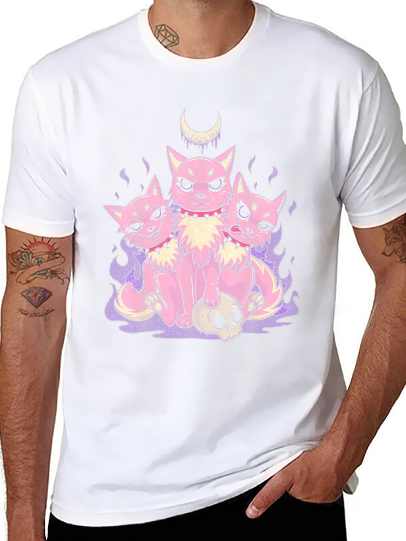Three-Headed Cat Skull Graphic T-Shirt