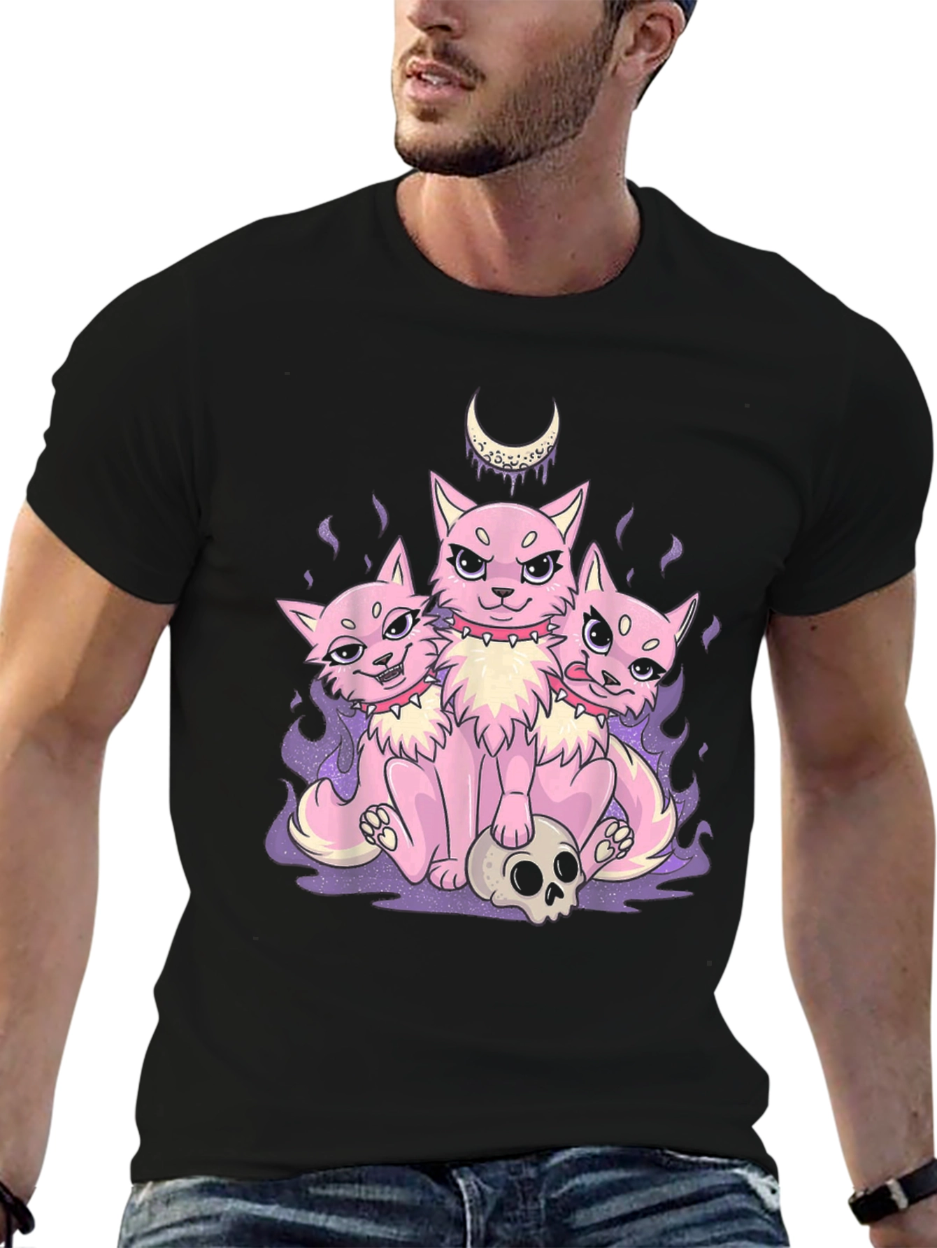 Three-Headed Cat Skull Graphic T-Shirt