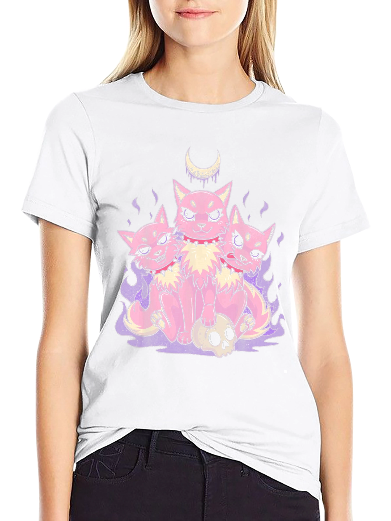 Three-Headed Cat Skull Graphic T-Shirt