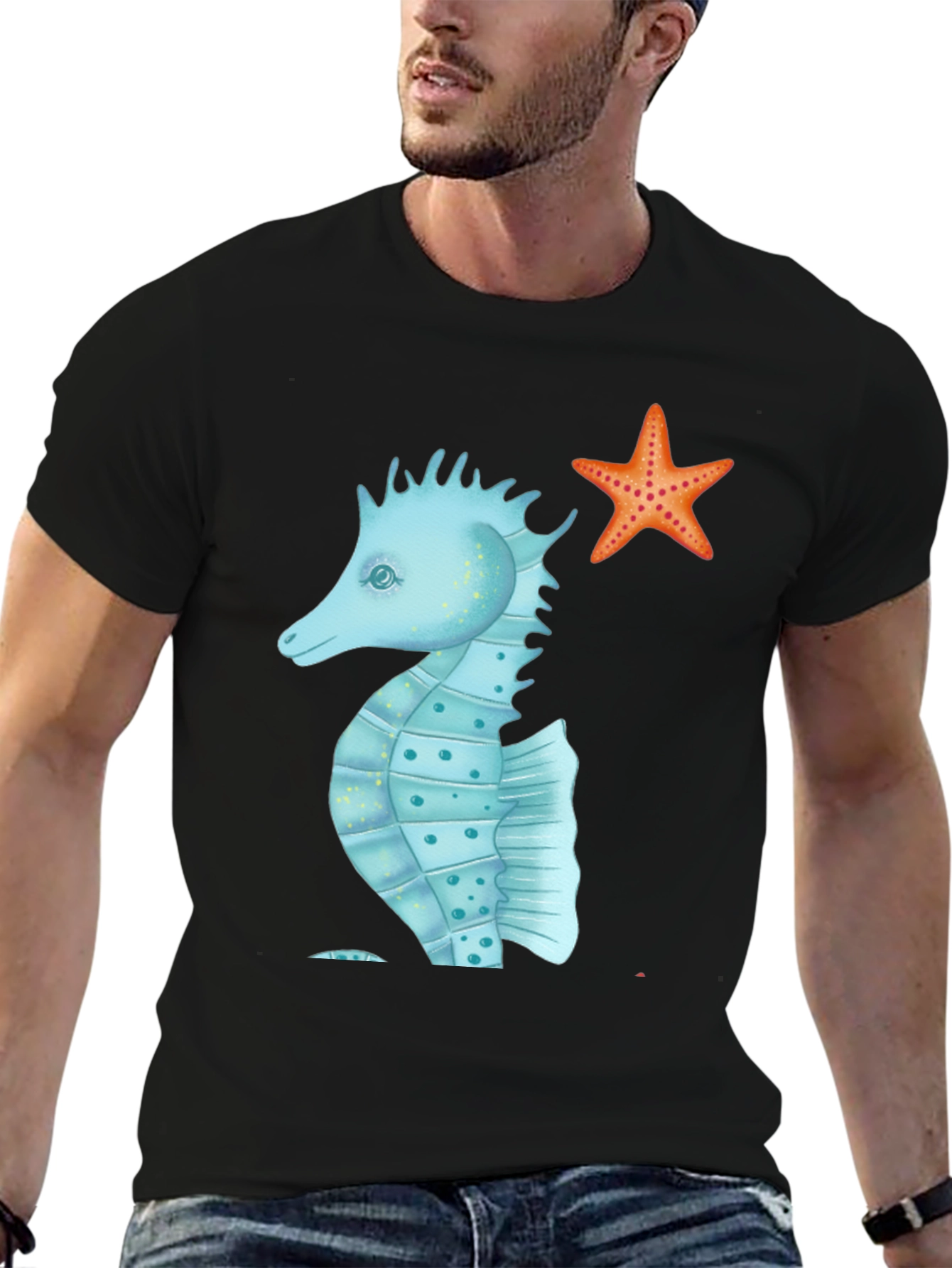 Sea Life T-Shirt: Seahorse & Starfish Graphic Tee