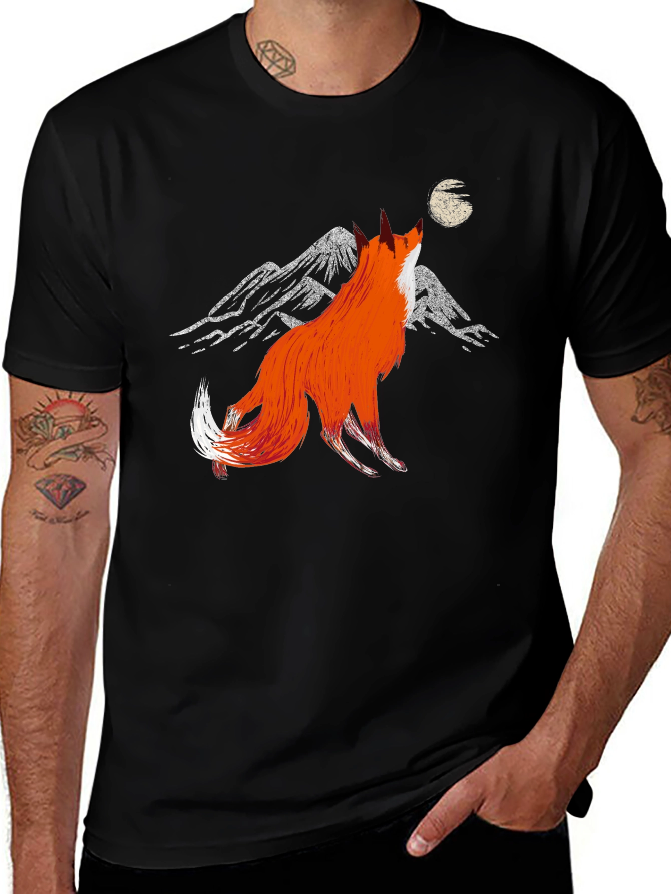 Fox Howling at Moon Graphic Tee - Black