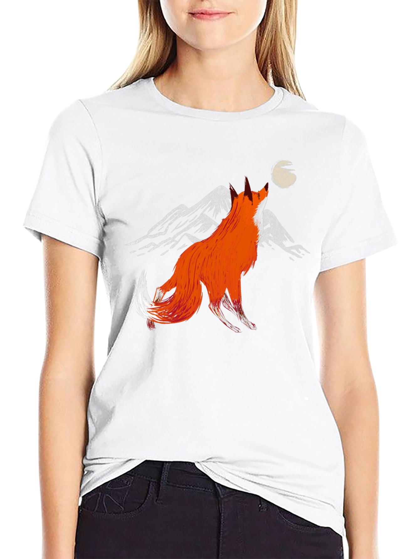 Fox Howling at Moon Graphic Tee - Black