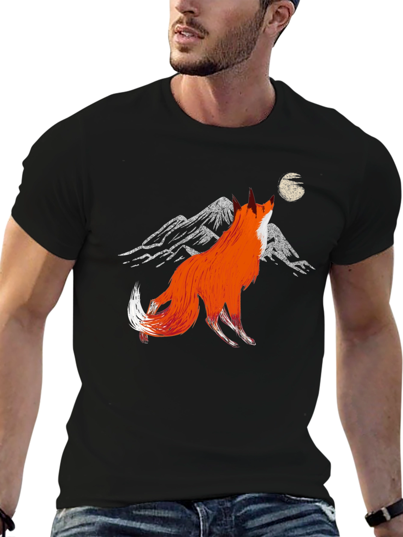 Fox Howling at Moon Graphic Tee - Black