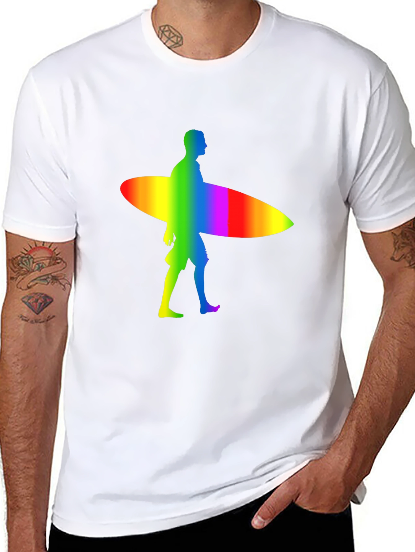 Rainbow Surfer Graphic Tee - Black Cotton Comfort