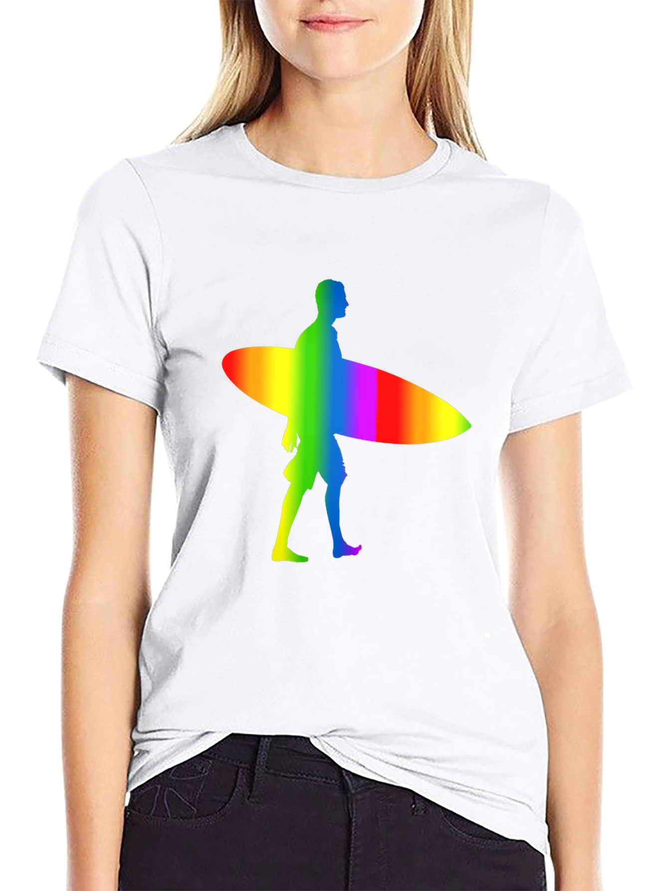 Rainbow Surfer Graphic Tee - Black Cotton Comfort