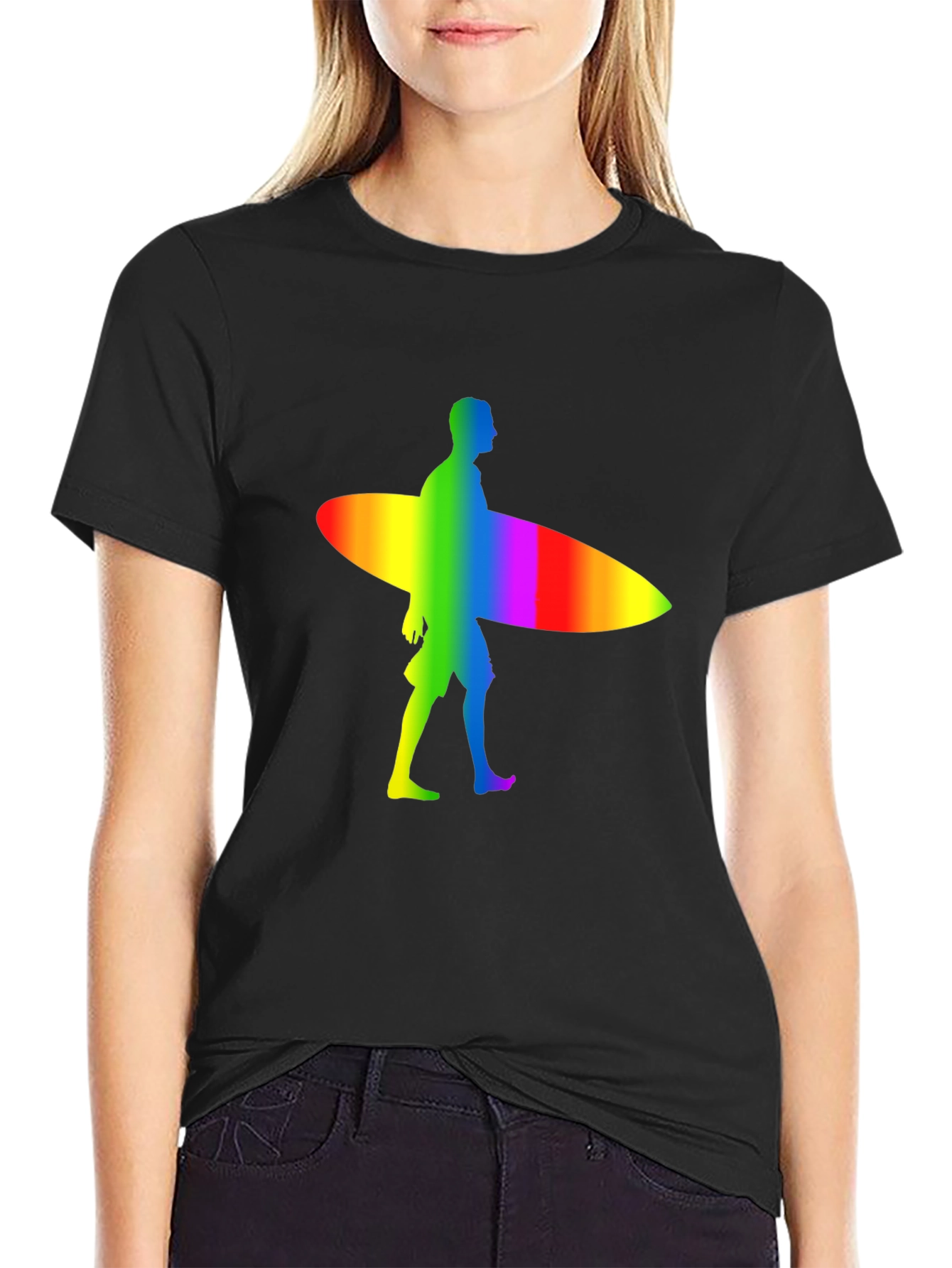 Rainbow Surfer Graphic Tee - Black Cotton Comfort