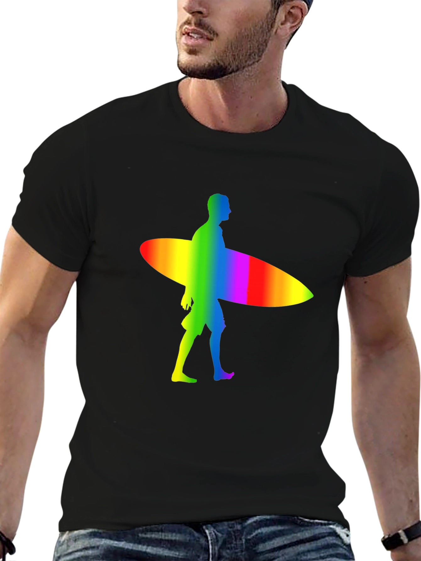 Rainbow Surfer Graphic Tee - Black Cotton Comfort