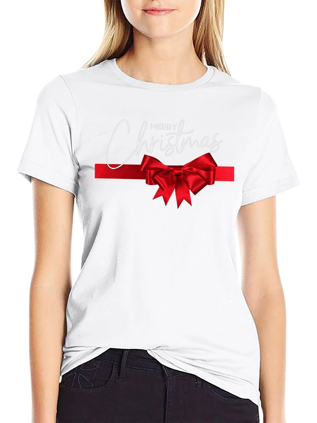 Merry Christmas T-Shirt with Red Ribbon Bow