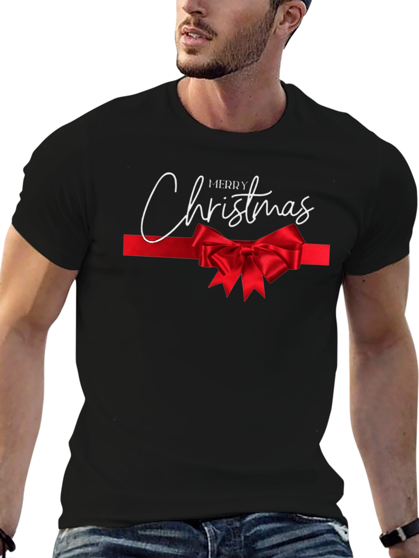 Merry Christmas T-Shirt with Red Ribbon Bow