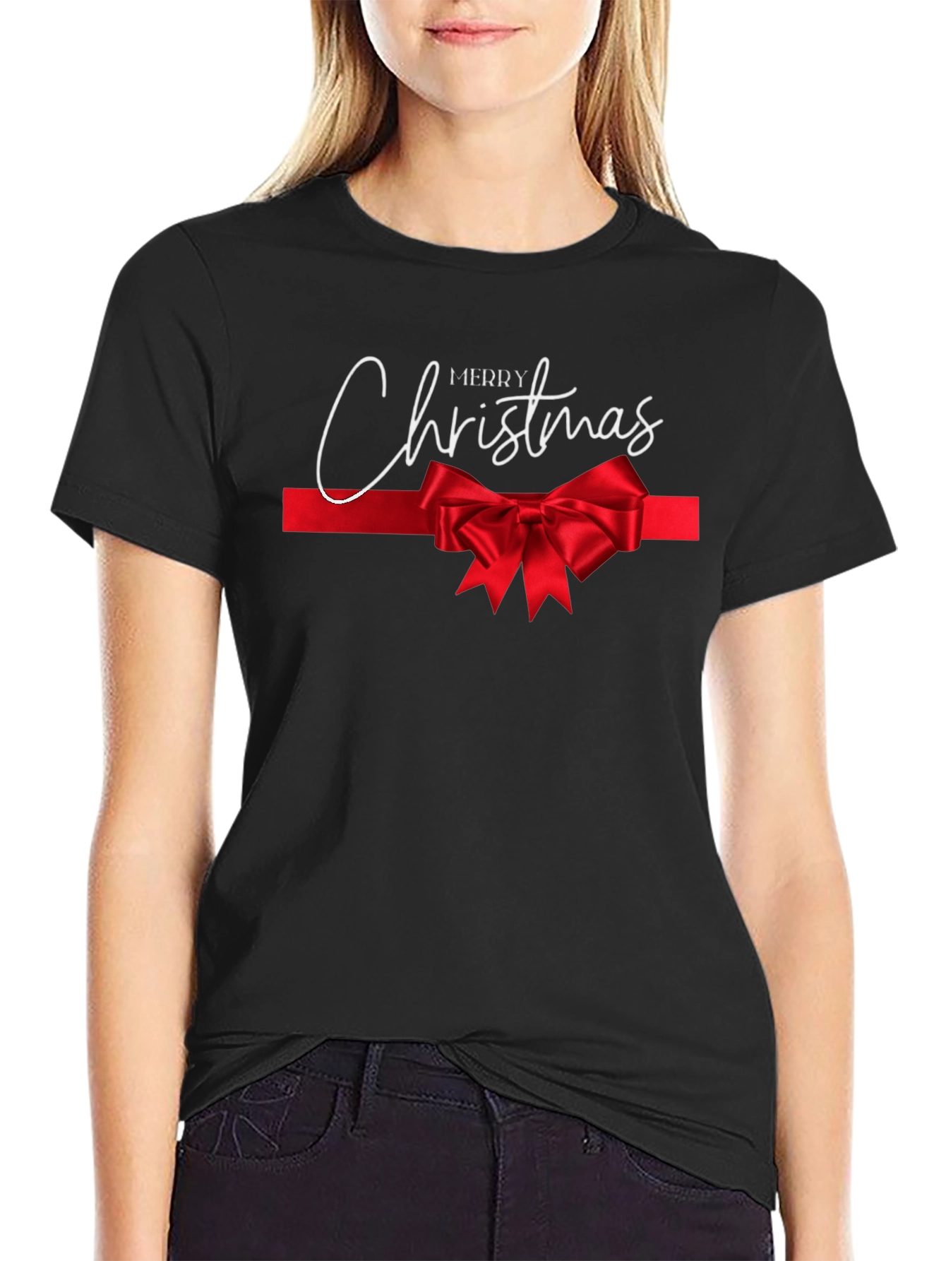 Merry Christmas T-Shirt with Red Ribbon Bow