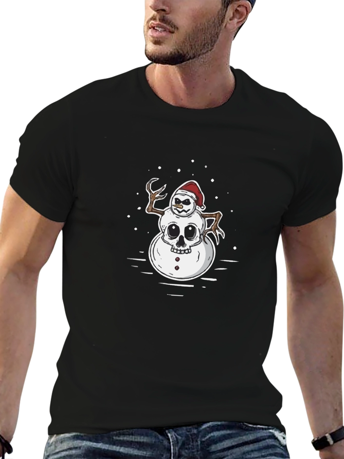 Creepy Snowman Skull Graphic Black T-Shirt