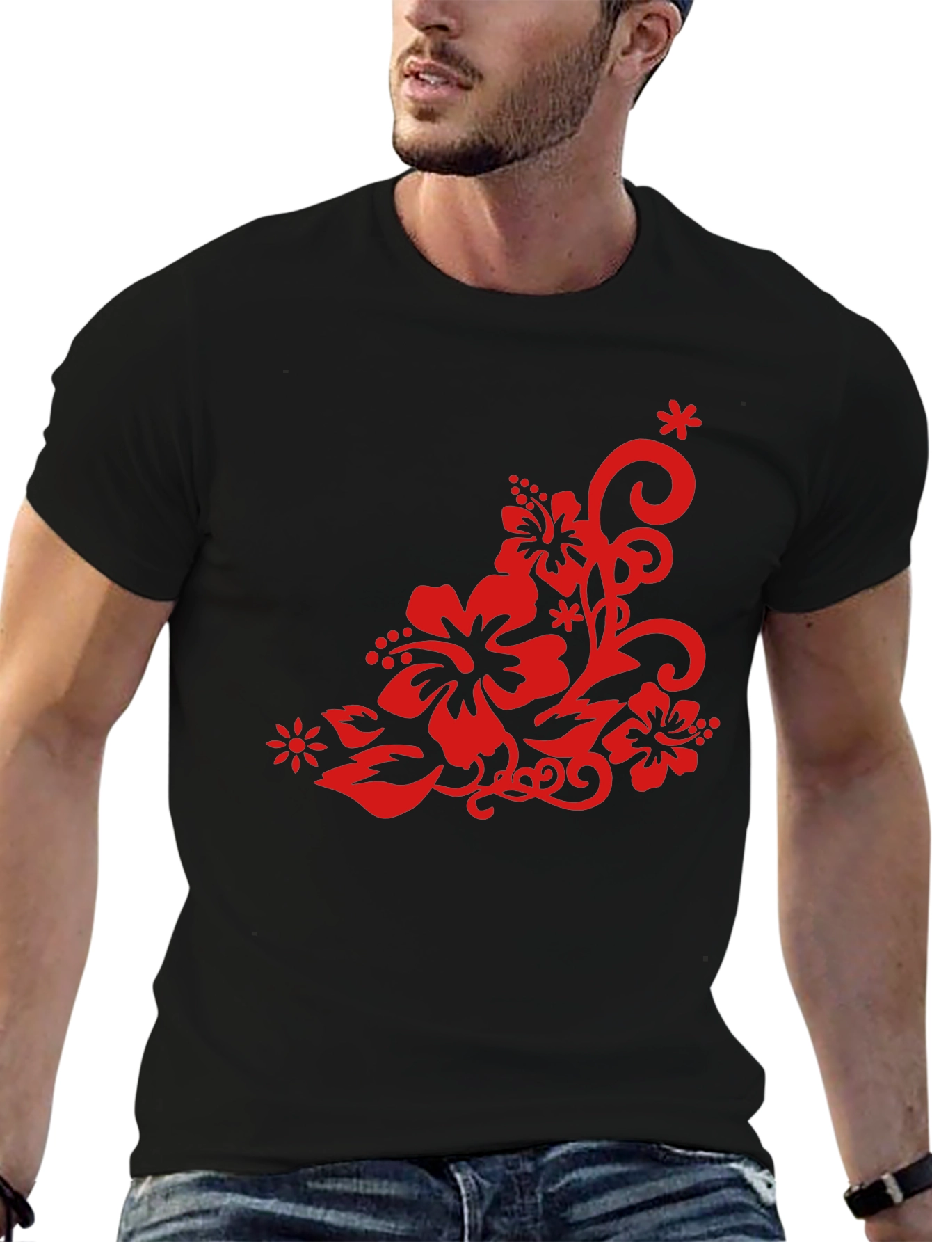 Black T-Shirt with Red Floral Design
