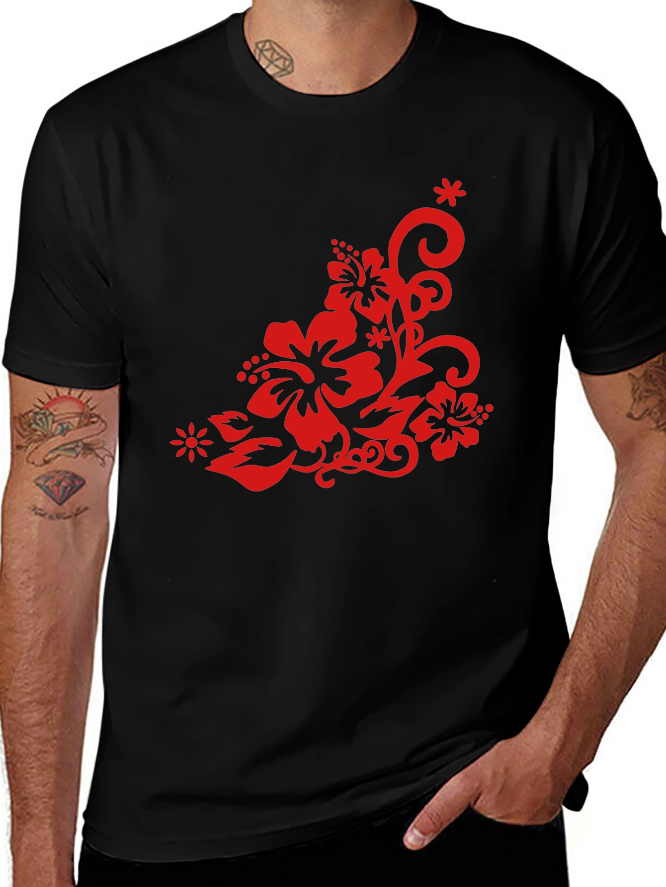 Black T-Shirt with Red Floral Design
