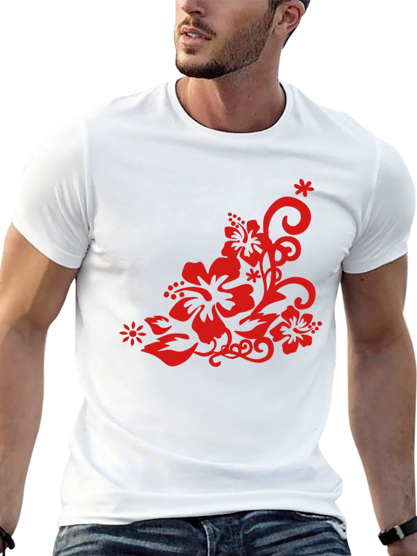 Black T-Shirt with Red Floral Design