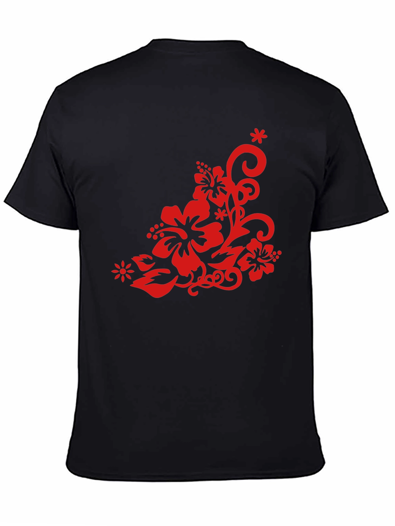 Black T-Shirt with Red Floral Design