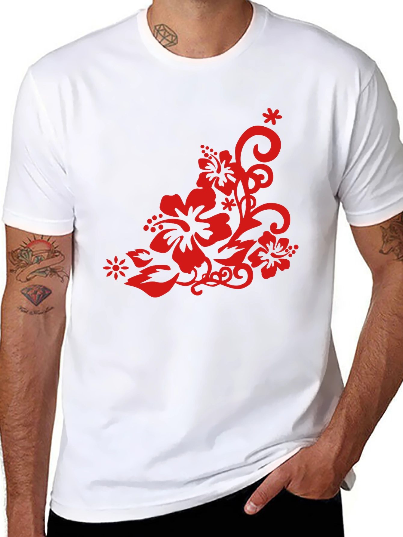 Black T-Shirt with Red Floral Design