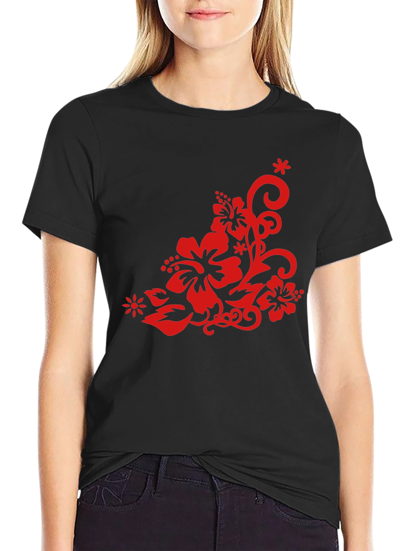 Black T-Shirt with Red Floral Design