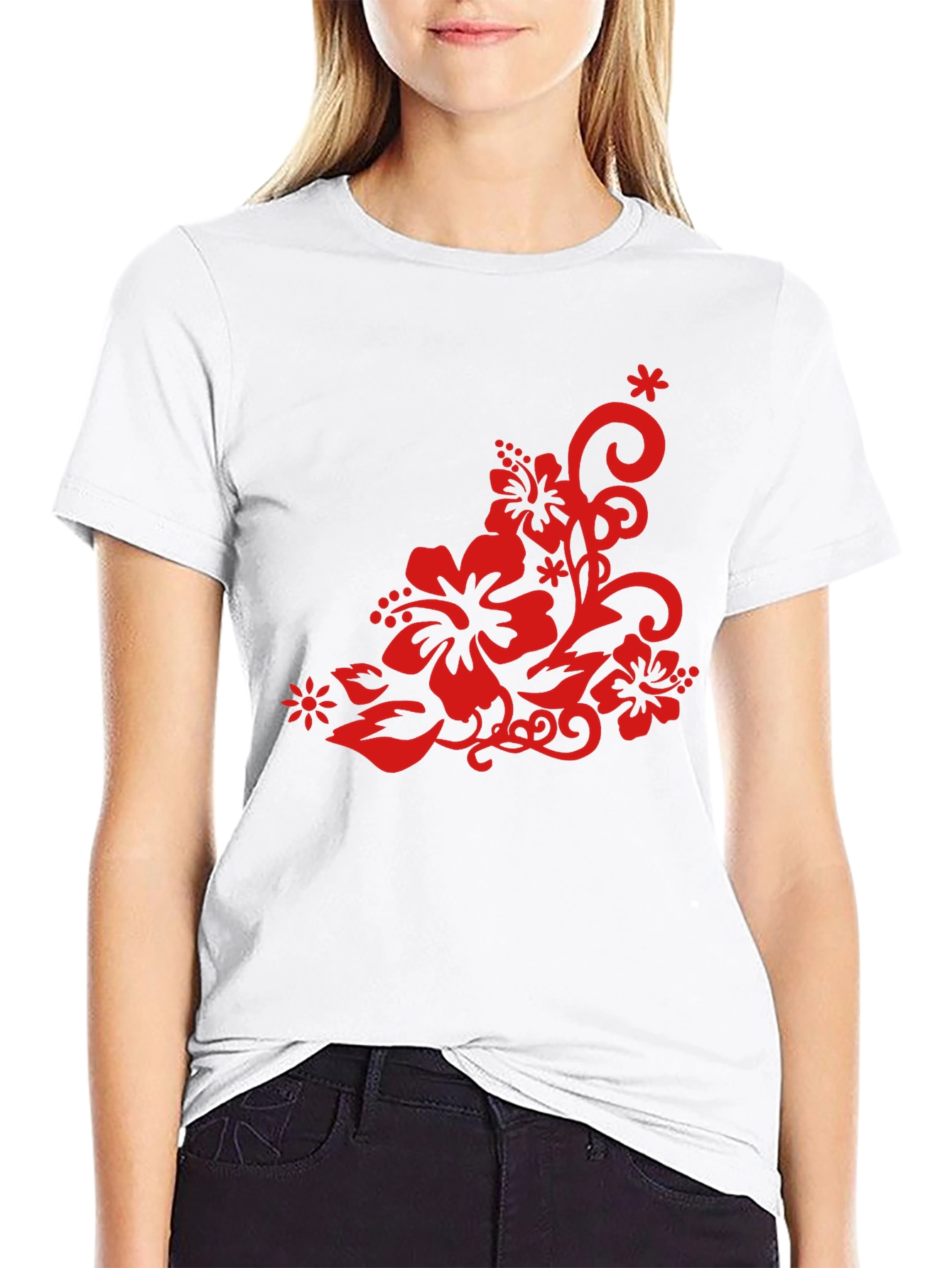 Black T-Shirt with Red Floral Design