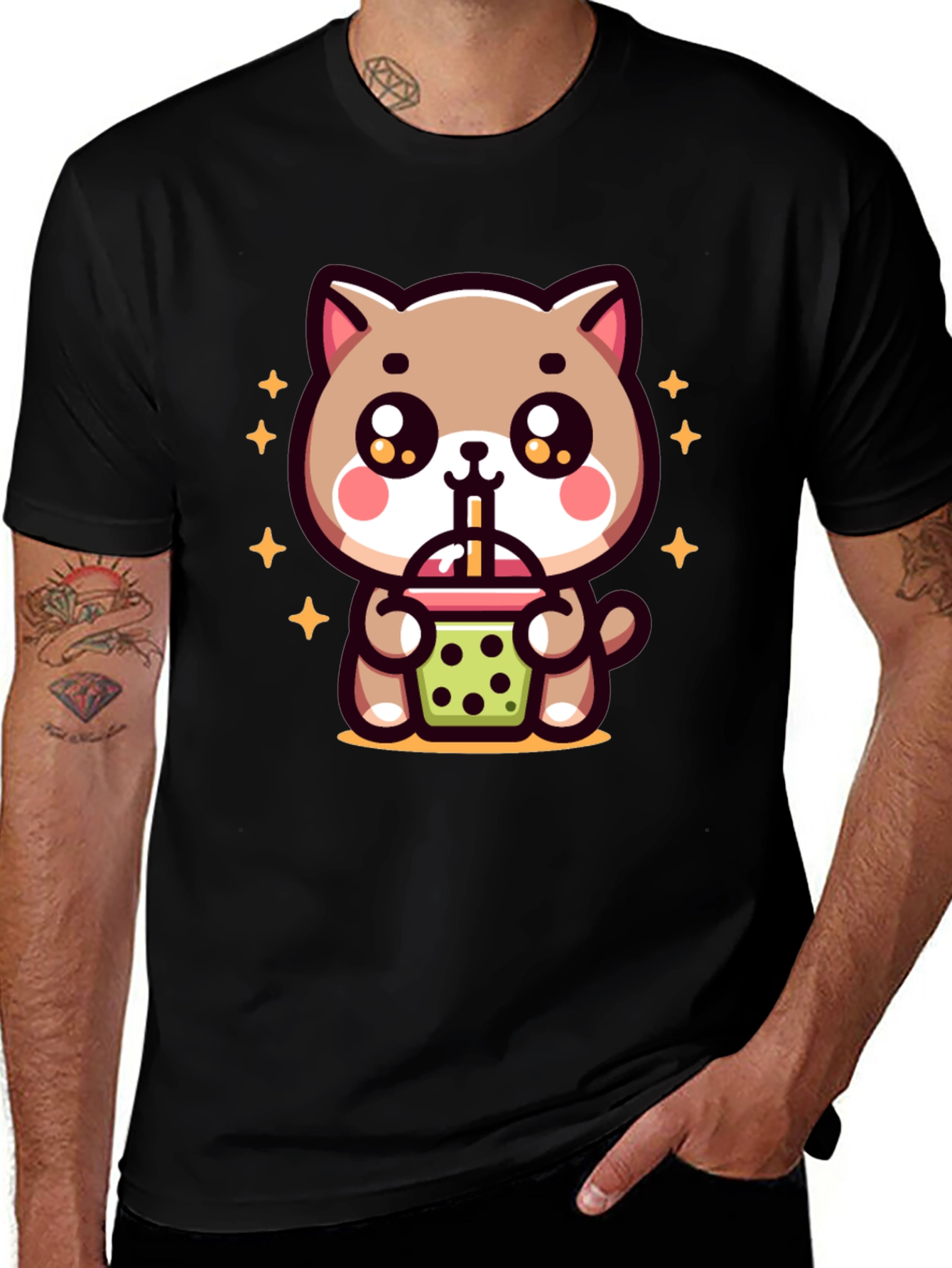 Cute Cat Boba Tea Graphic Tee - Black