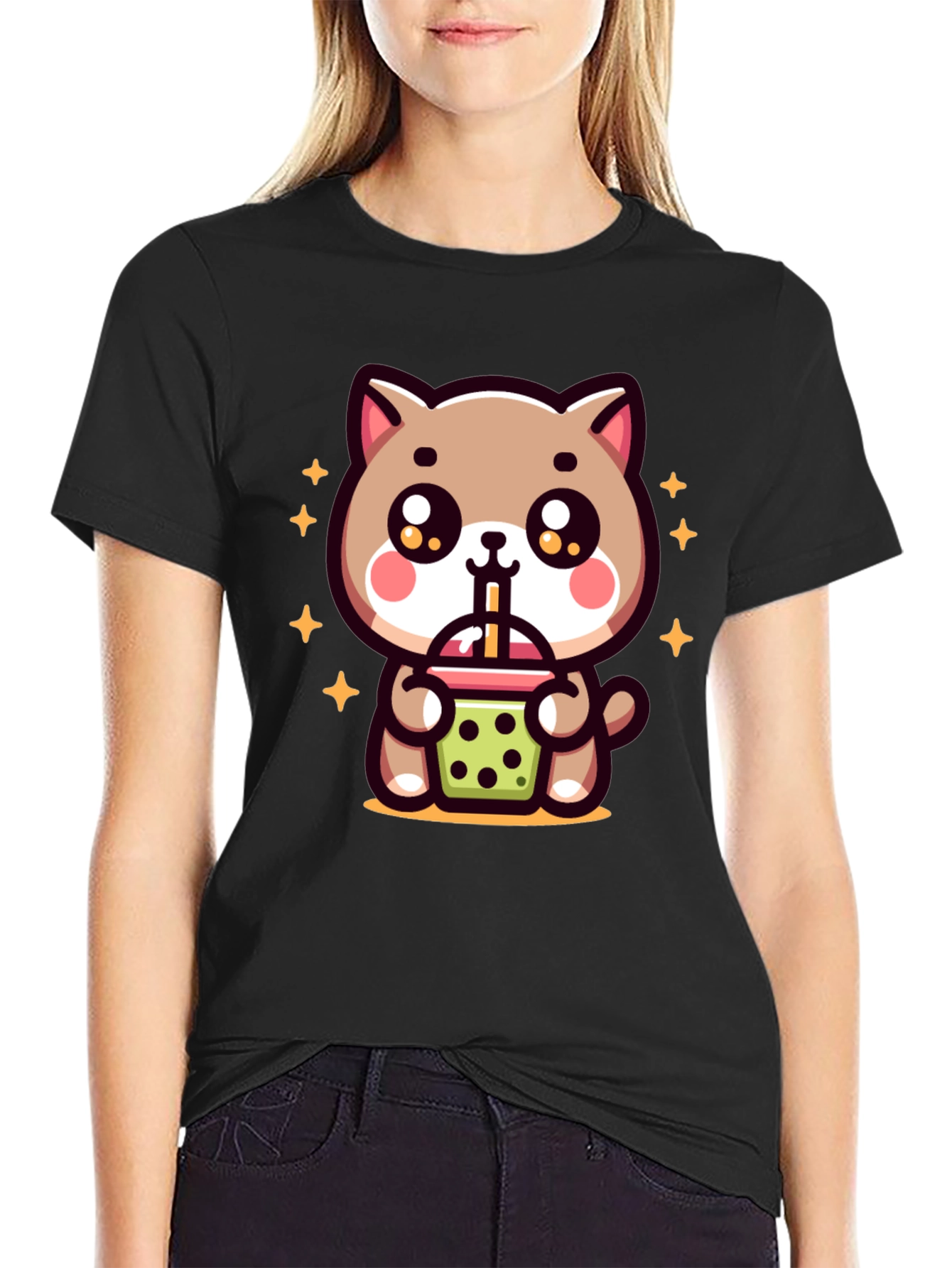 Cute Cat Boba Tea Graphic Tee - Black