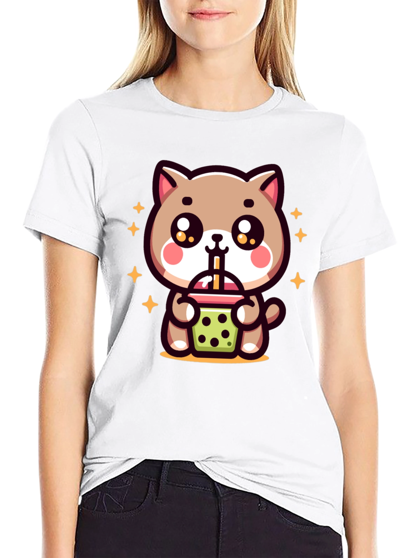 Cute Cat Boba Tea Graphic Tee - Black