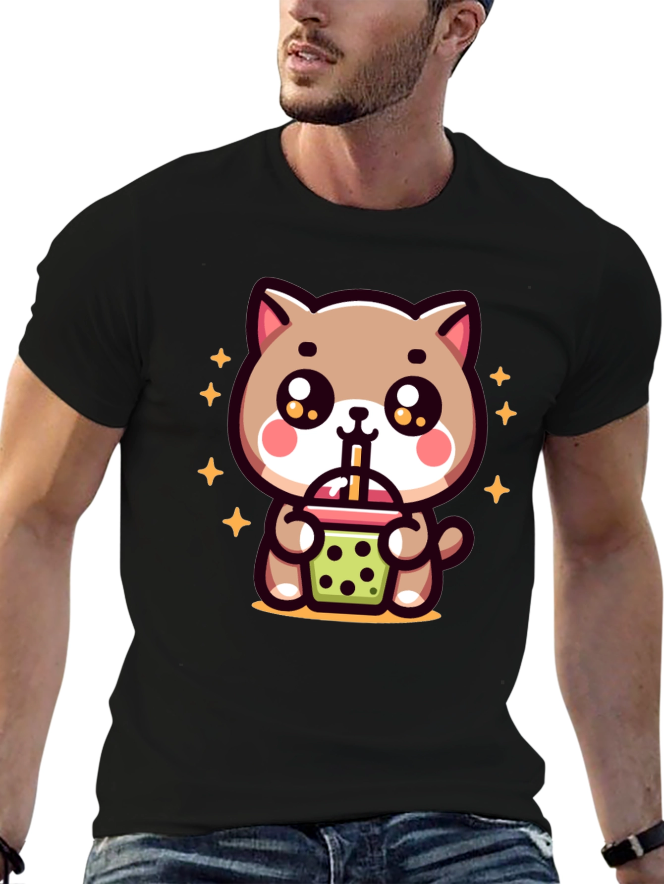 Cute Cat Boba Tea Graphic Tee - Black