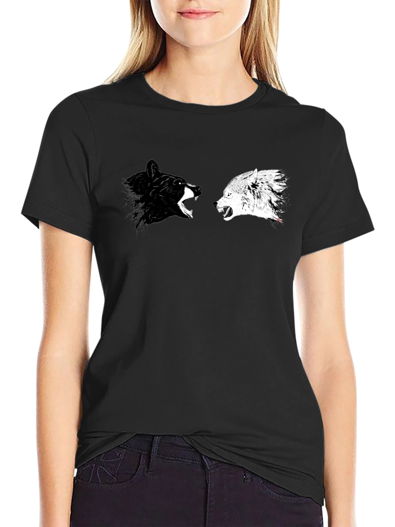 Yin Yang Wolves Graphic Tee - Black Cotton T-Shirt