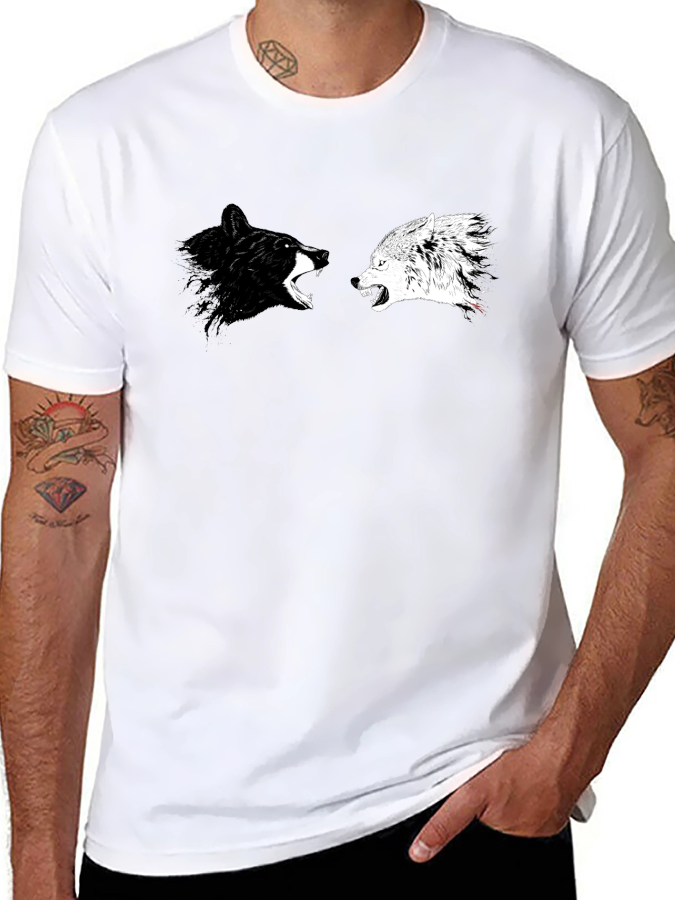Yin Yang Wolves Graphic Tee - Black Cotton T-Shirt